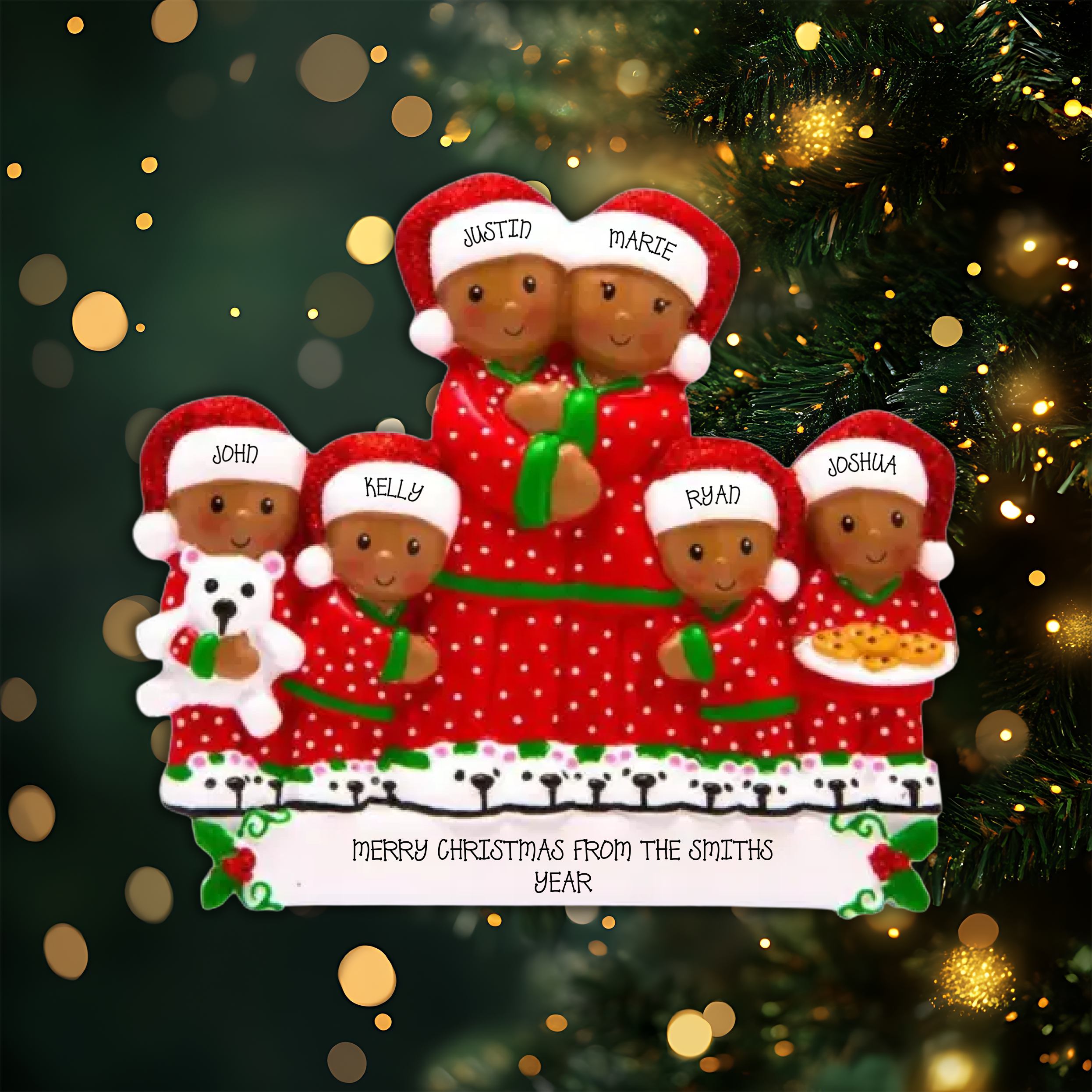 Peeking Family of 6 African American Personalized Christmas Ornament