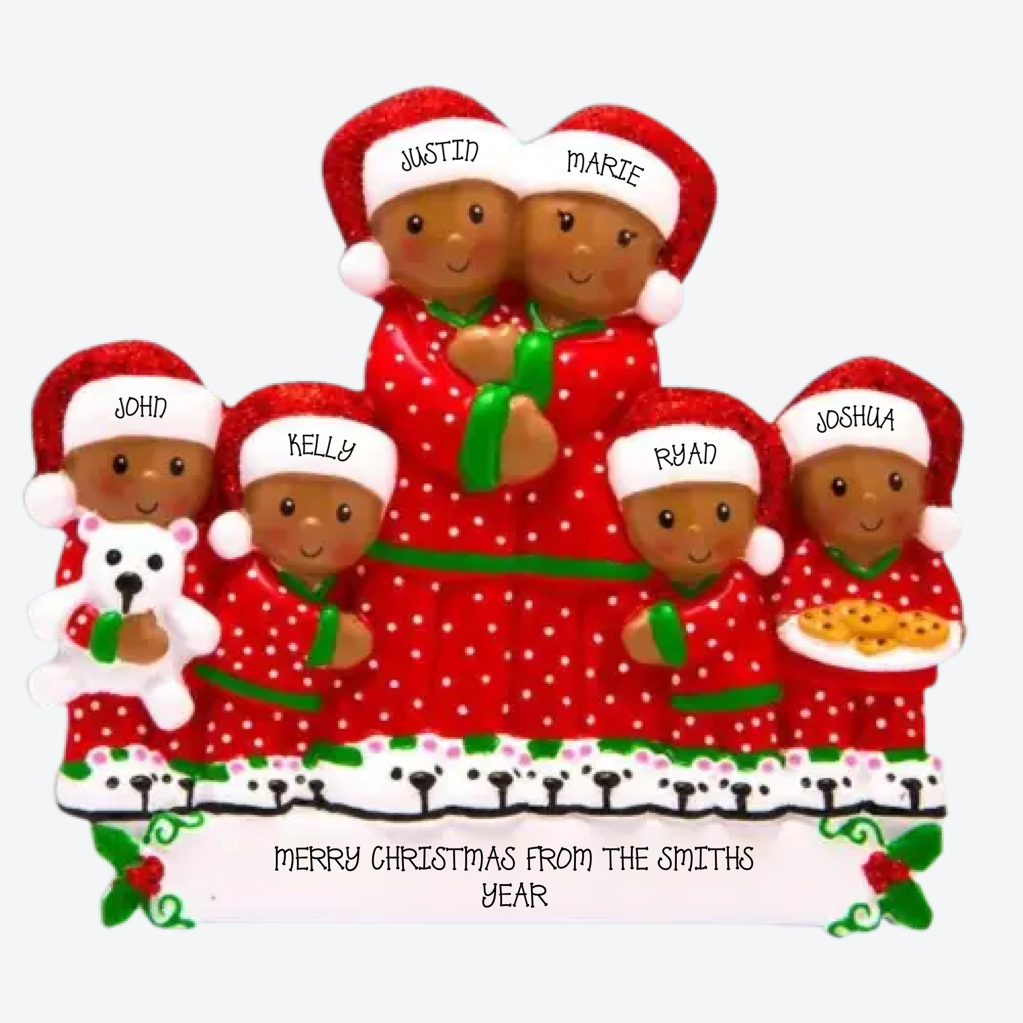 Peeking Family of 6 African American Personalized Christmas Ornament