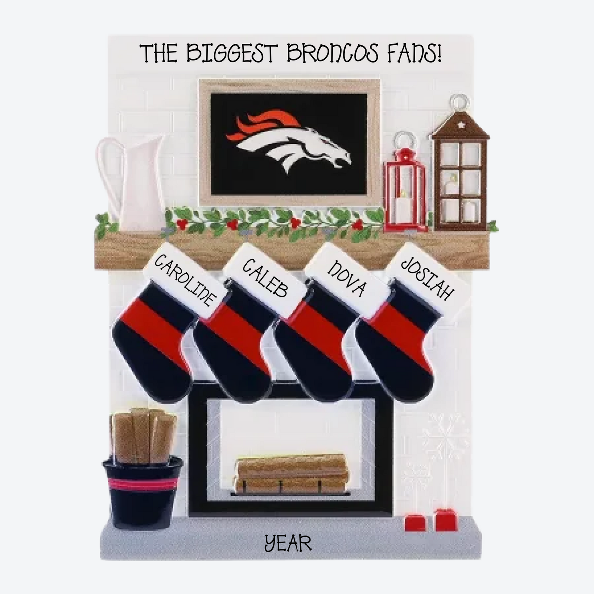 Denver Broncos Personalized Stocking Family of 4 Christmas Ornament