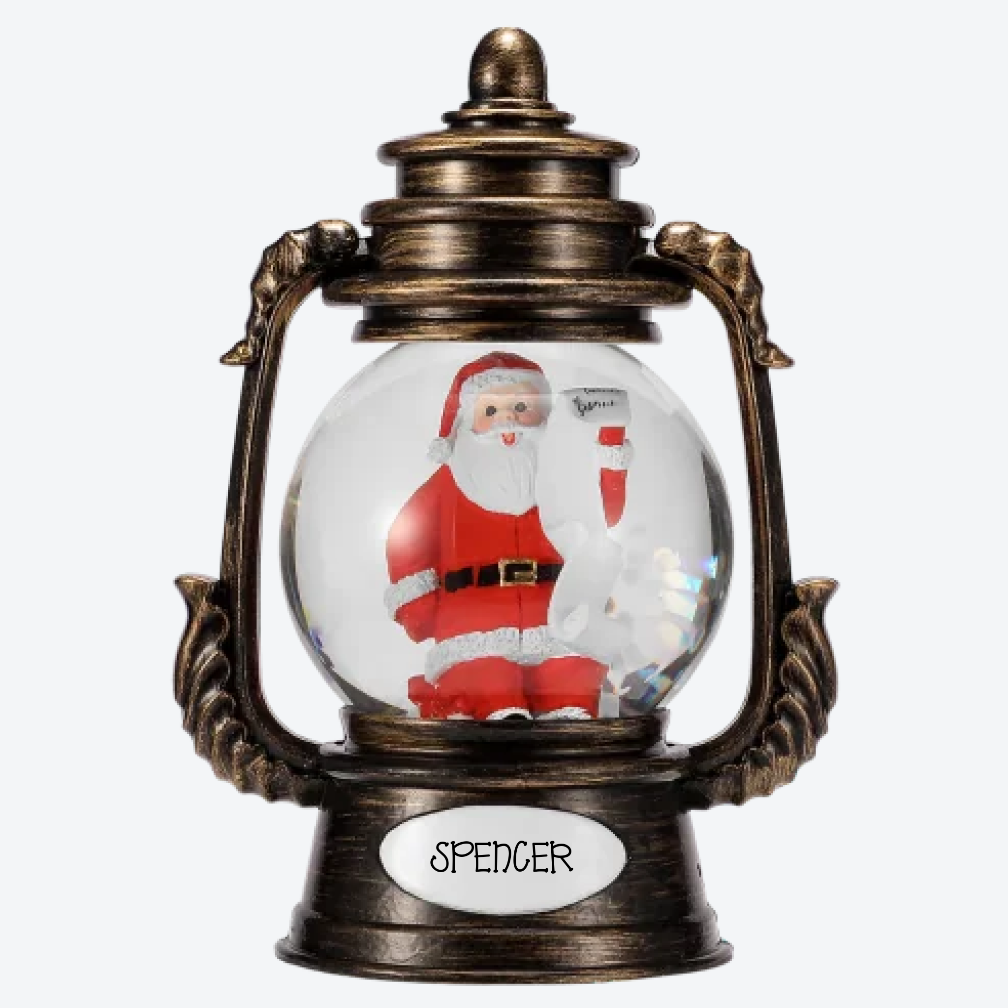 OGT0009-SNOW GLOBE ORNAMENT- SANTA ON PRESENTS IN ROUND GLOBE LANTERN SHAPE SNOW GLOBE