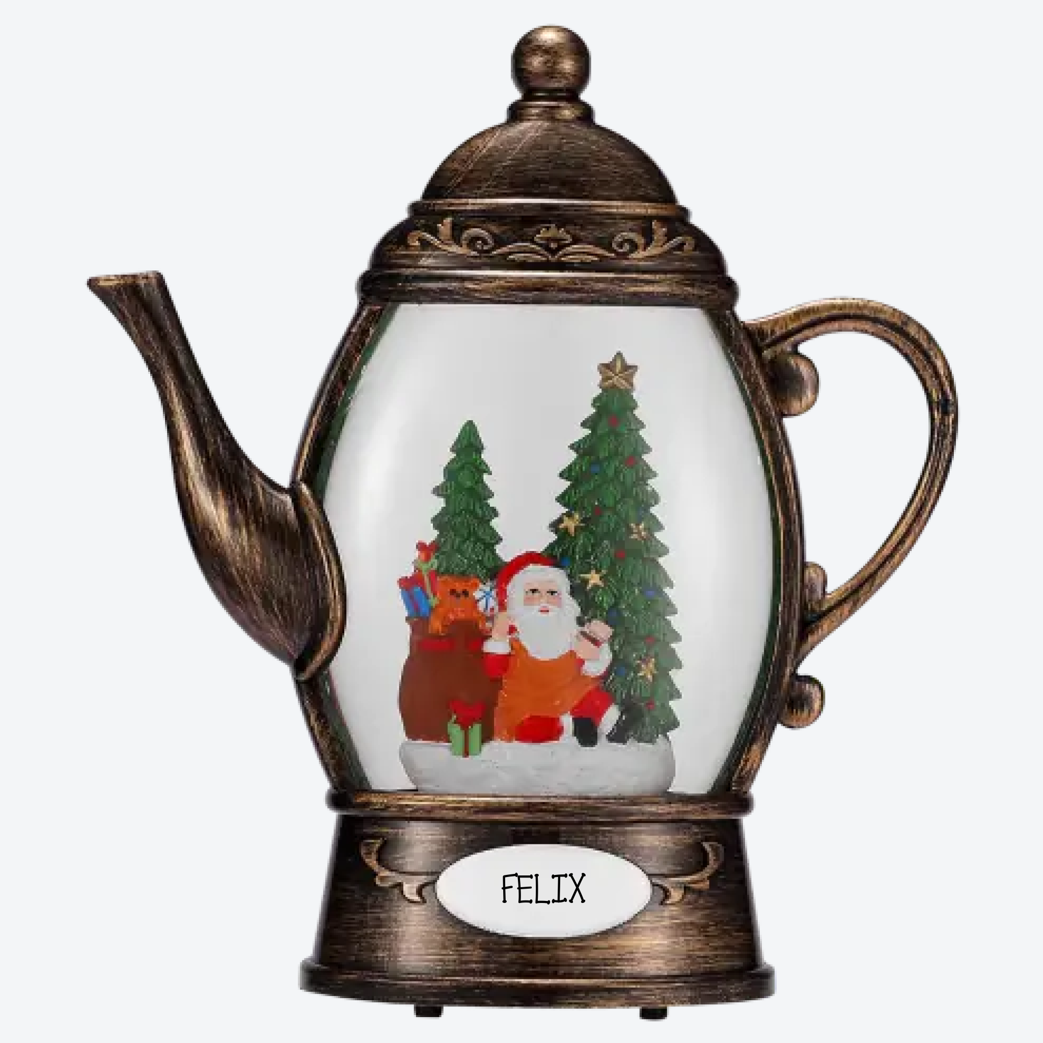 OGT0011-SNOW GLOBE ORNAMENT- SANTA IN TEA KETTLE SHAPED SNOW GOBE