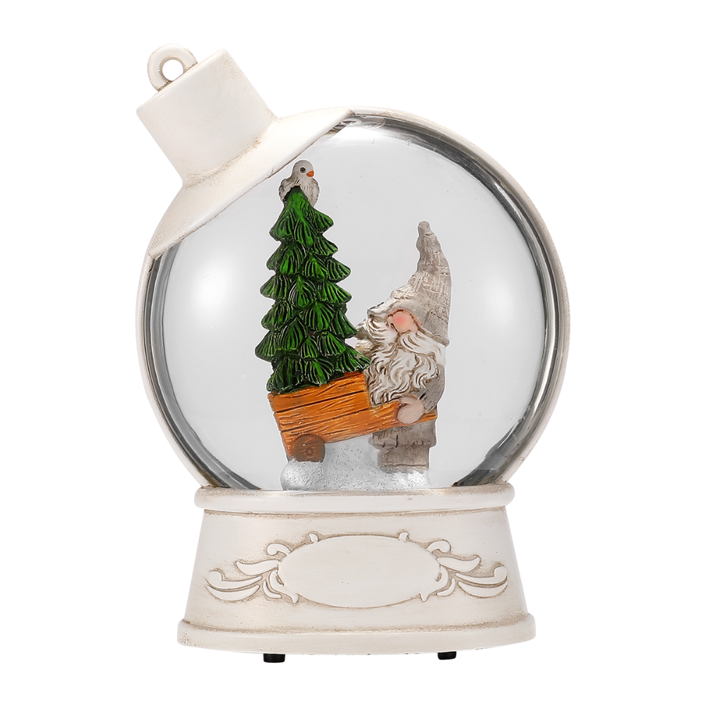 OGT0012-SNOW GLOBE ORNAMENT- GNOME IN WHITE CHRISTMAS BALL SHAPE SNOW GLOBE
