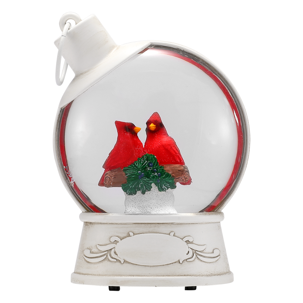 OGT0013-SNOW GLOBE ORNAMENT- CARDINALS IN WHITE CHRISTMAS BALL SHAPE SNOW GLOBE