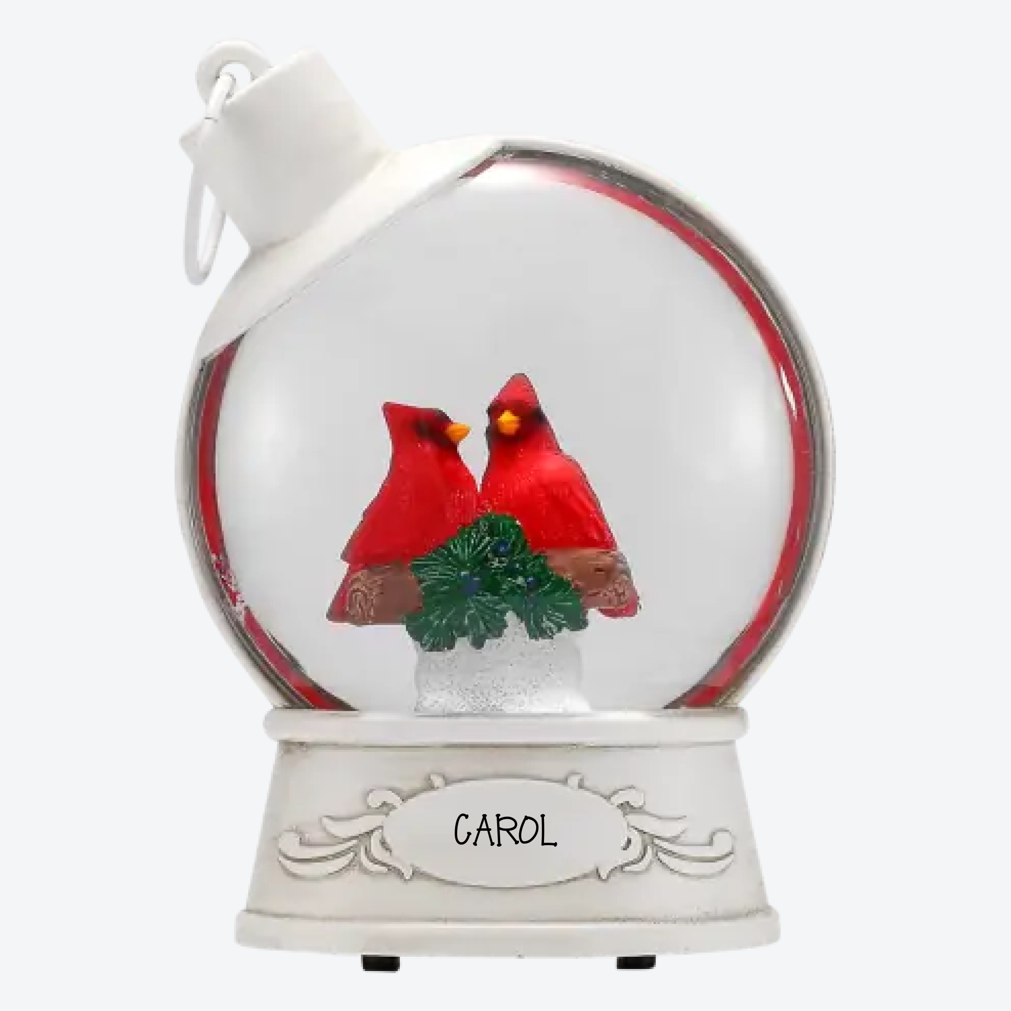 OGT0013-SNOW GLOBE ORNAMENT- CARDINALS IN WHITE CHRISTMAS BALL SHAPE SNOW GLOBE