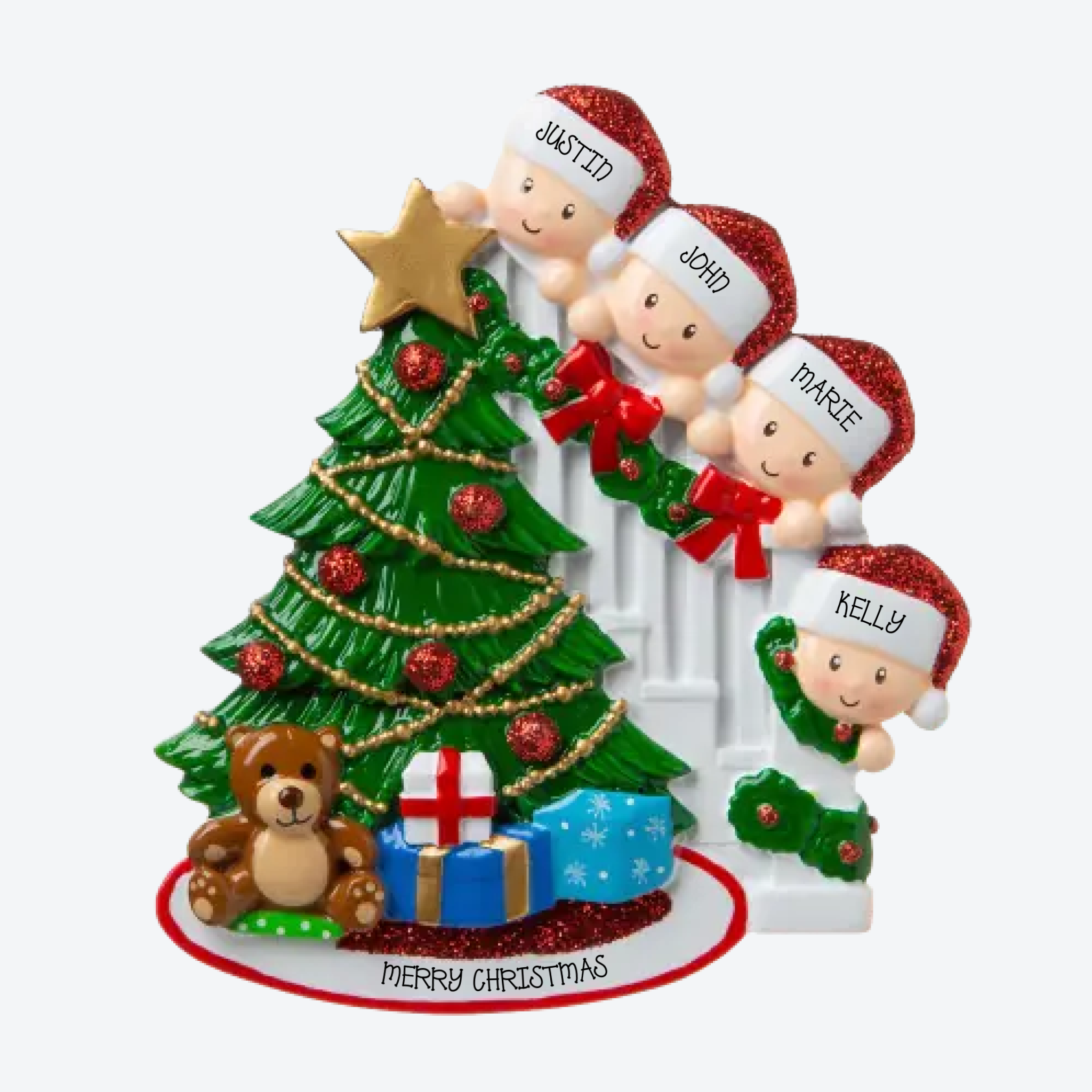 OT1789-4 - Peeking Family of 4 Personalized Christmas Ornament