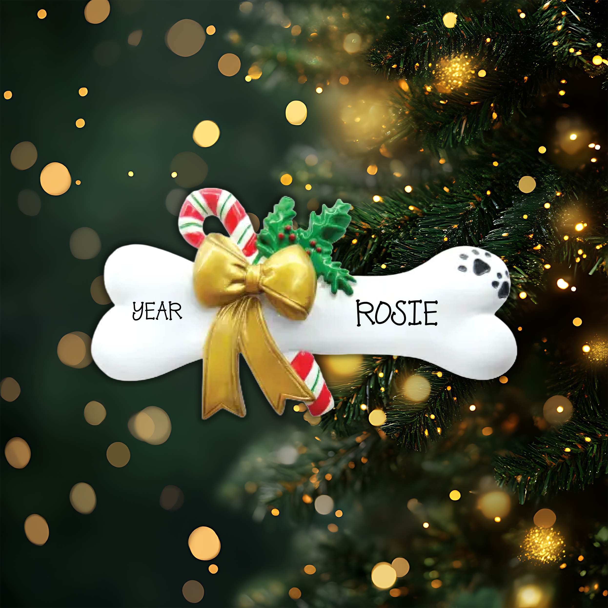 Dog Bone with Holly Personalized Christmas Ornament
