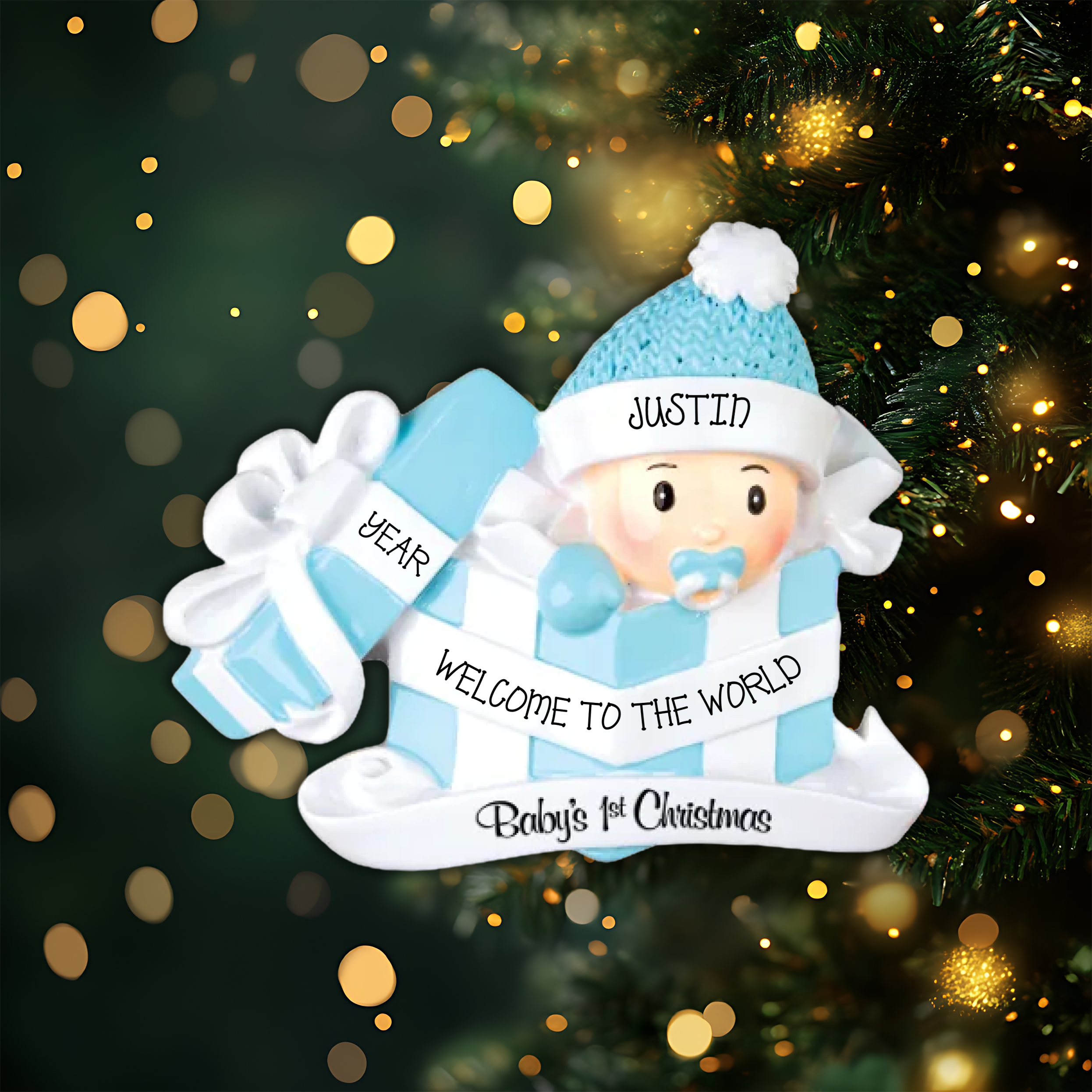 Baby Boy In Present Personalized Christmas Ornament