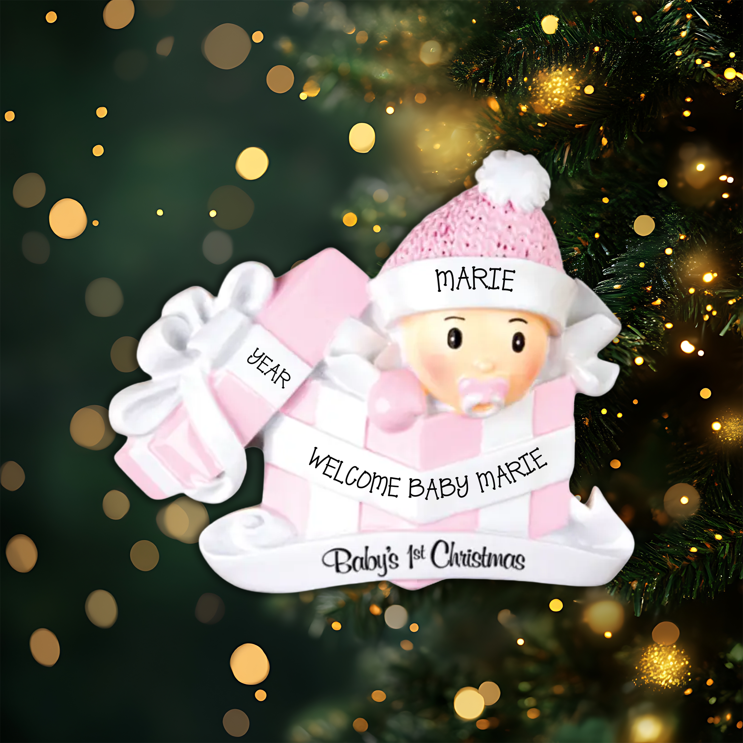 Baby Girl In Present Personalized Christmas Ornament
