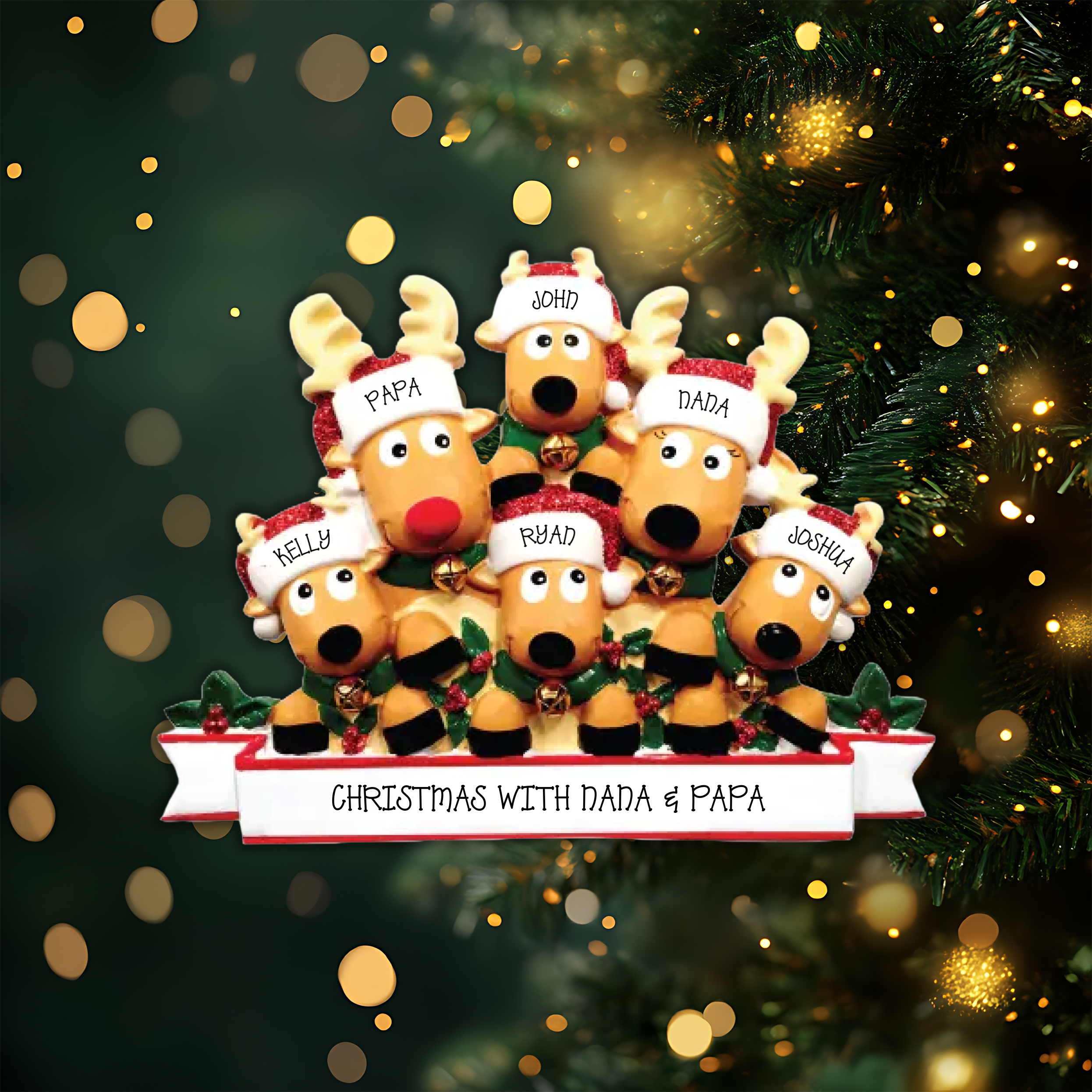 New Reindeer family of 6 Christmas Ornament