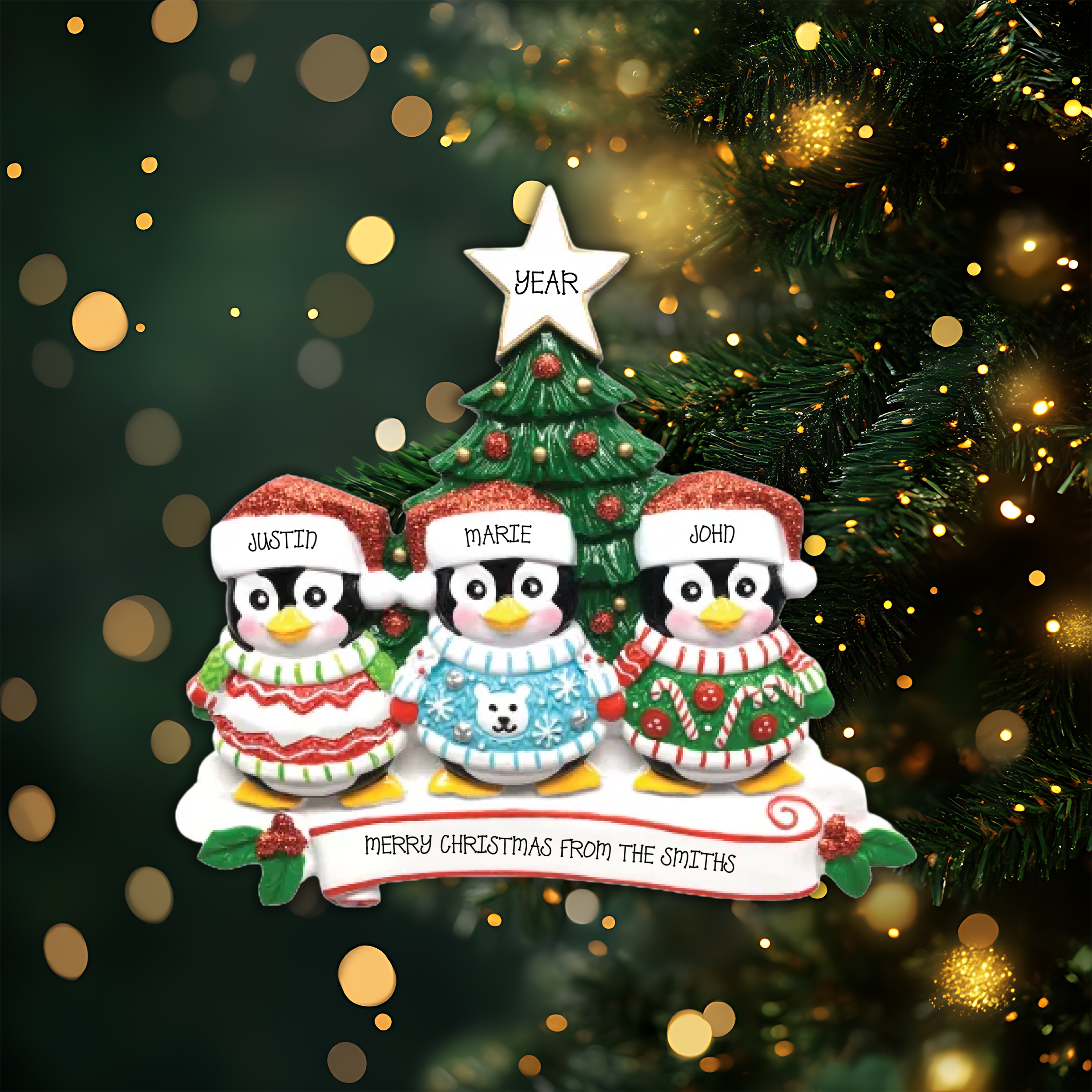 Ugly Sweater Family of 3 Personalized Christmas Ornament