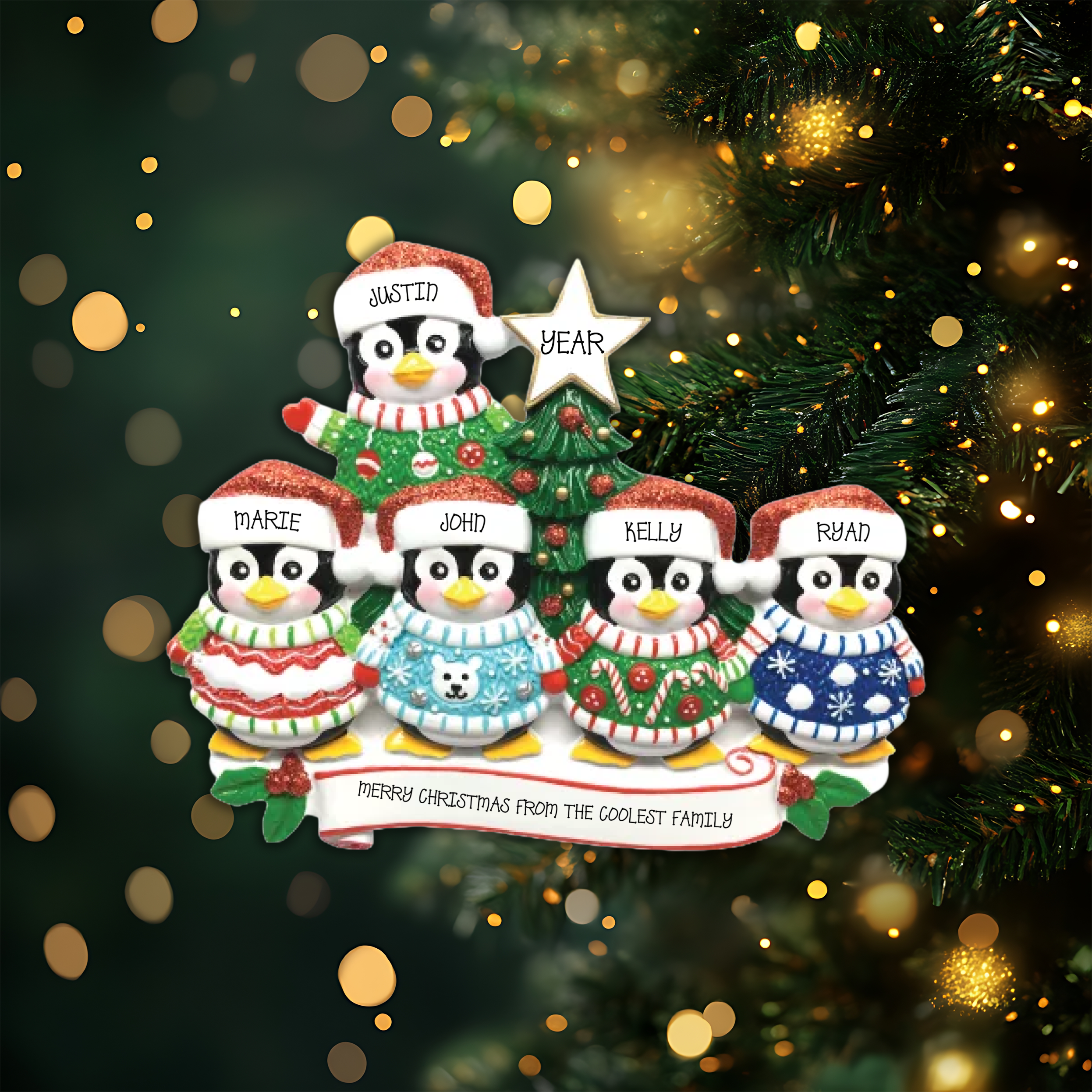 Ugly Sweater Family of 5 Personalized Christmas Ornament
