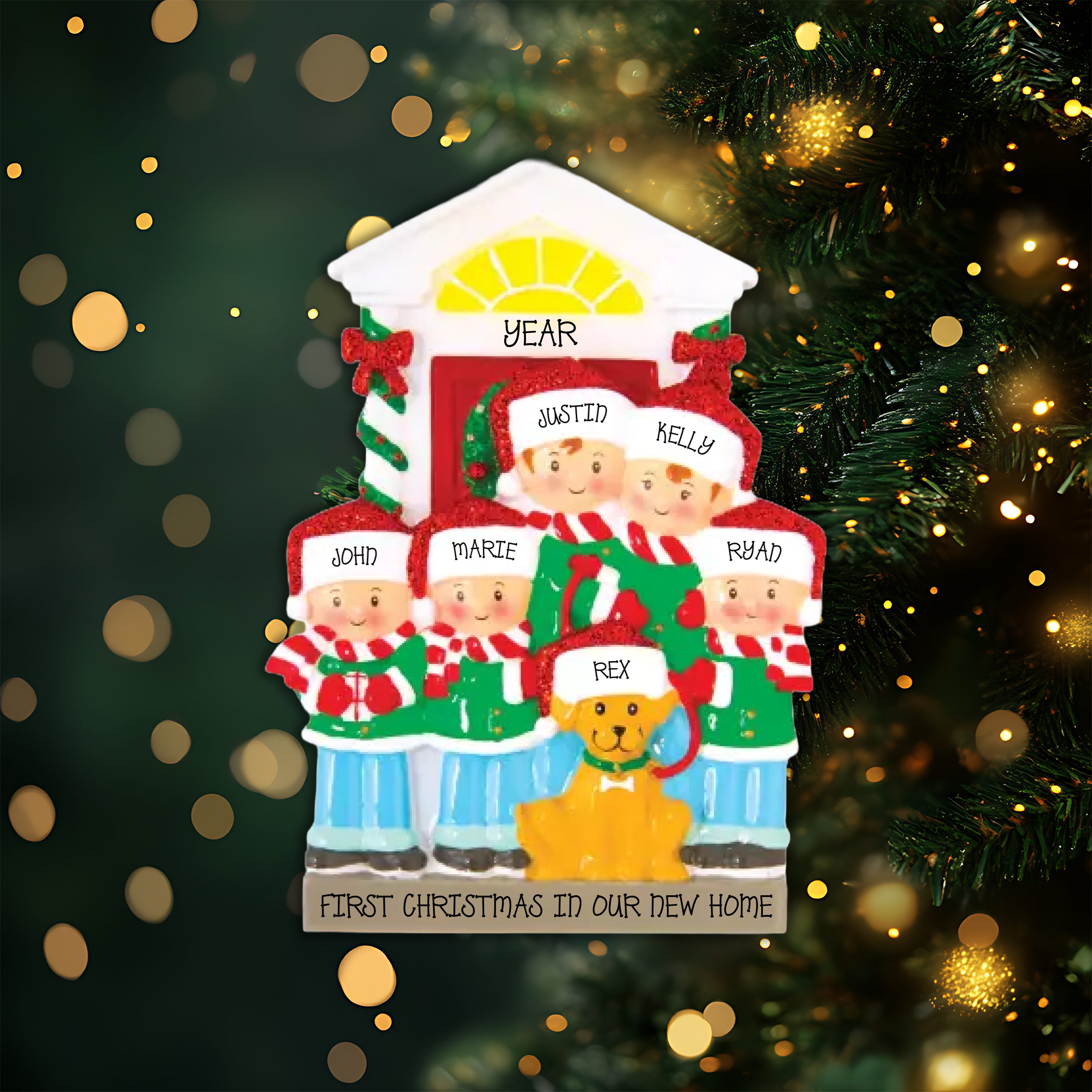 Family of 5 with Dog Personalized Christmas Ornament
