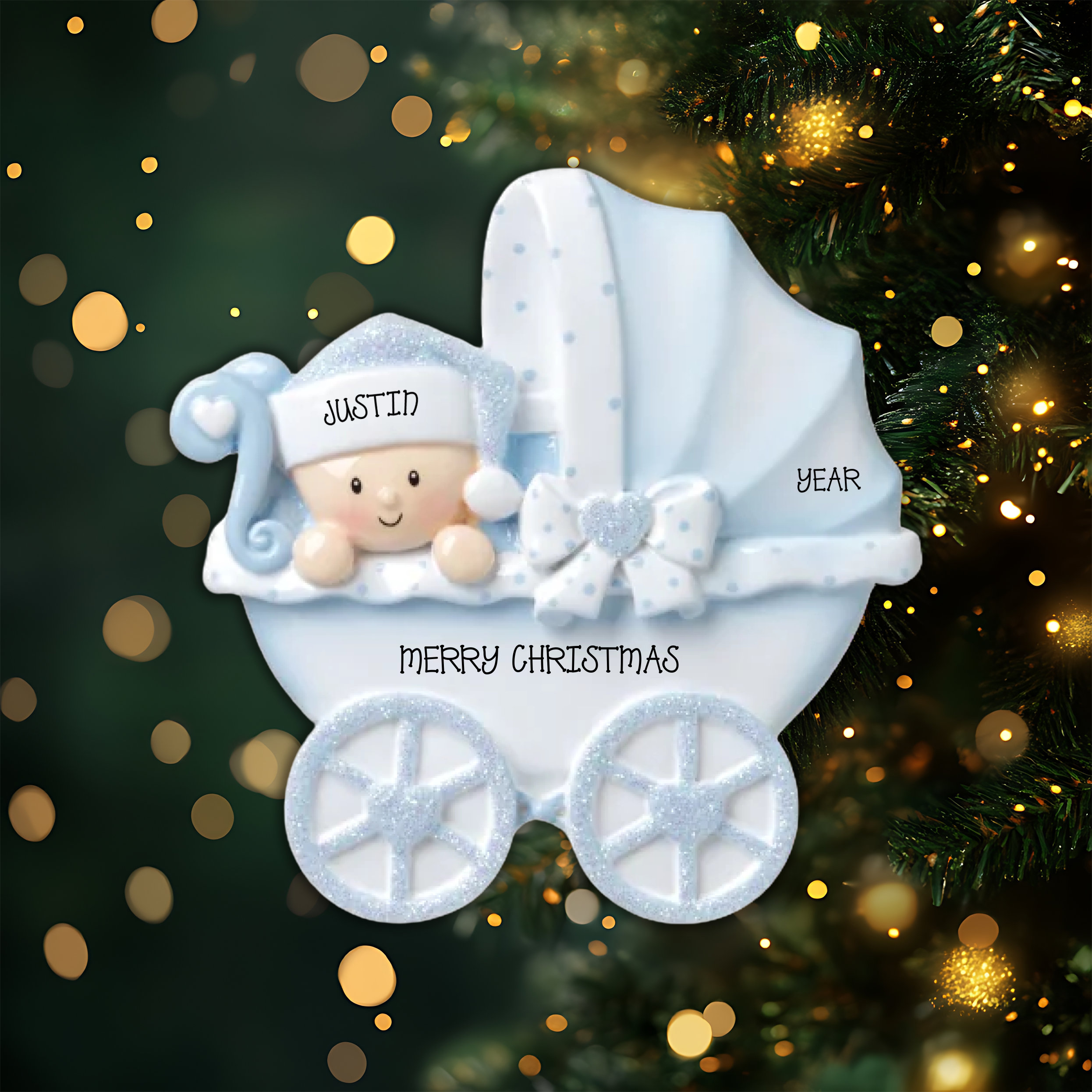 Baby Carriage Blue Personalized Christmas Ornament