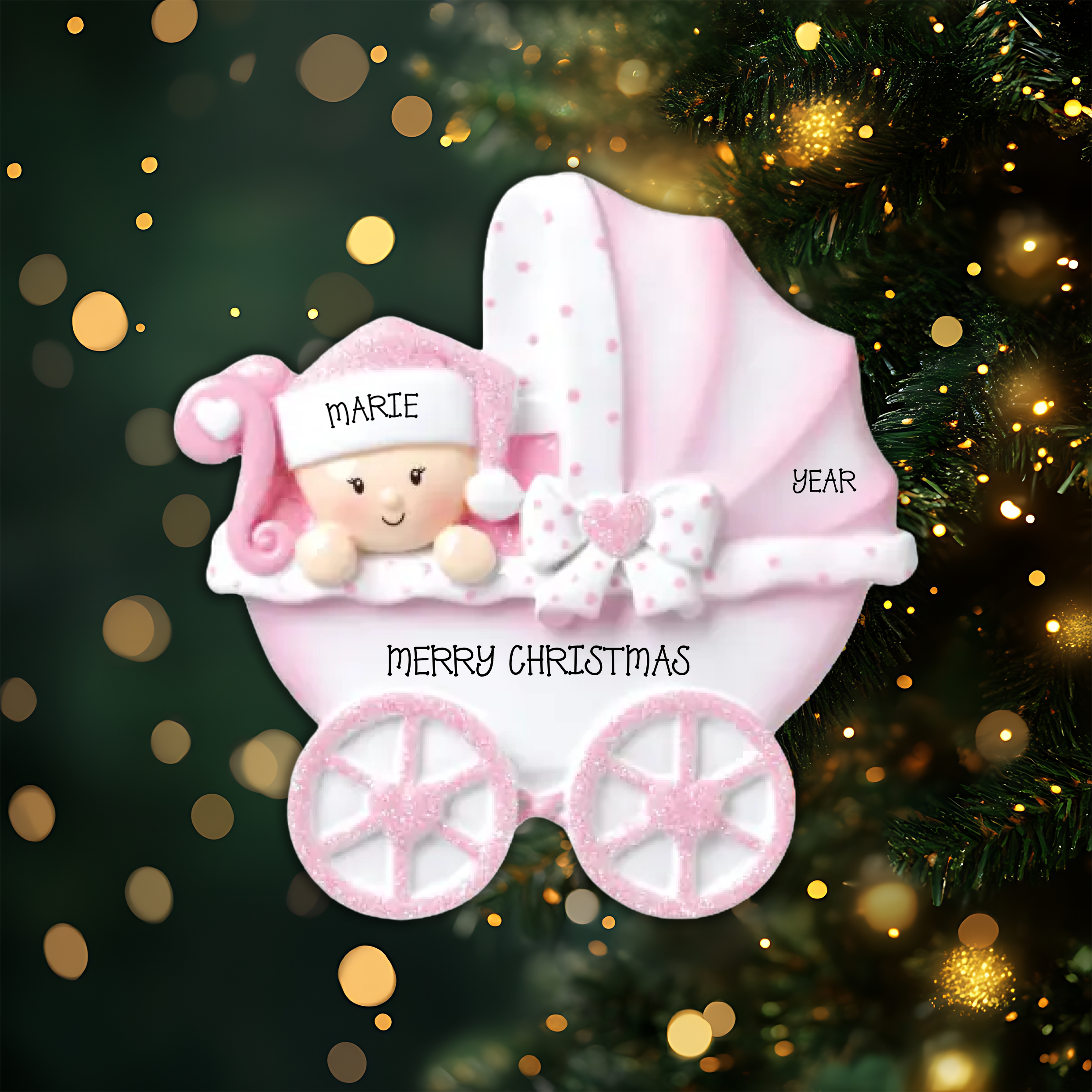 Baby Carriage Pink Personalized Christmas Ornament