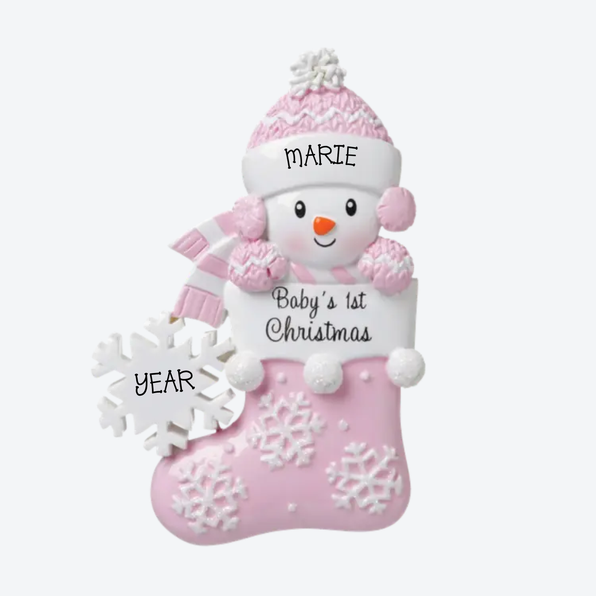 Baby Snowman in Stocking Pink Personalized Christmas Ornament