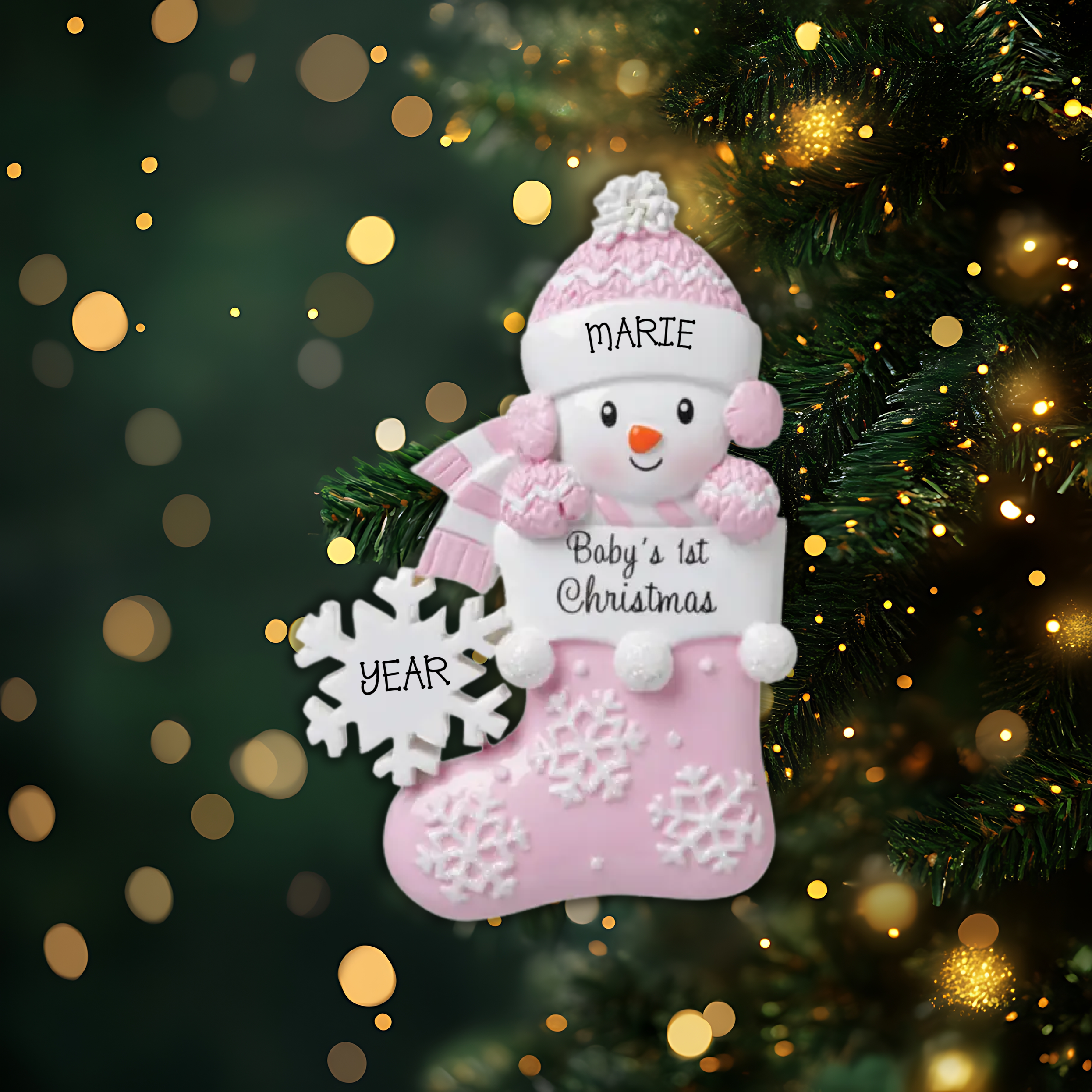 Baby Snowman in Stocking Pink Personalized Christmas Ornament