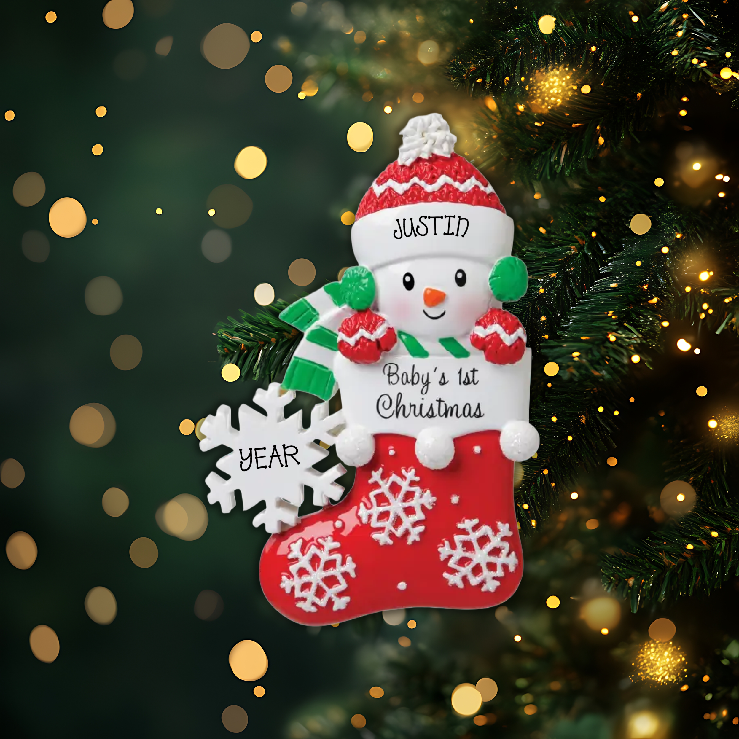 Snow Baby In Stocking Green/Red Personalized Christmas Ornament