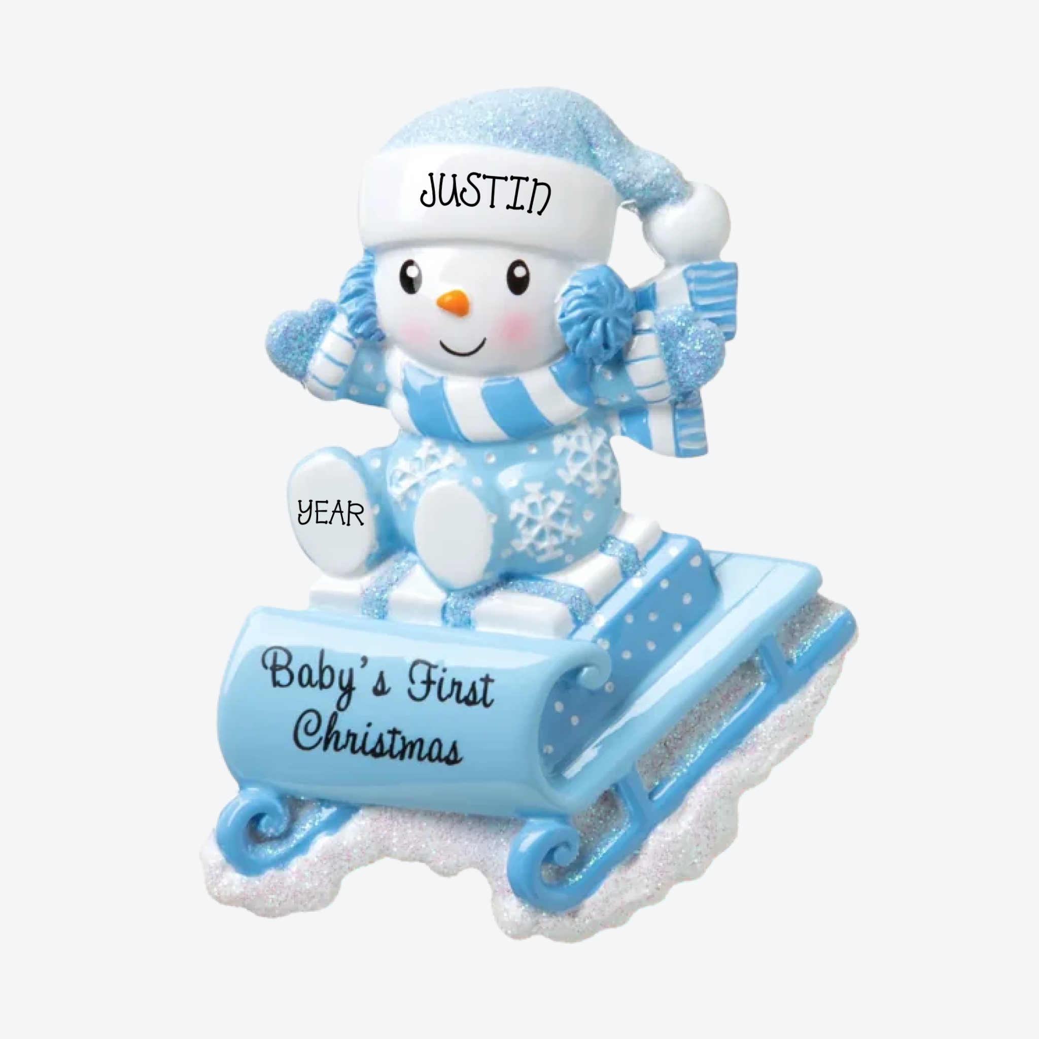 Snowbaby on Sled Blue Personalized Christmas Ornament