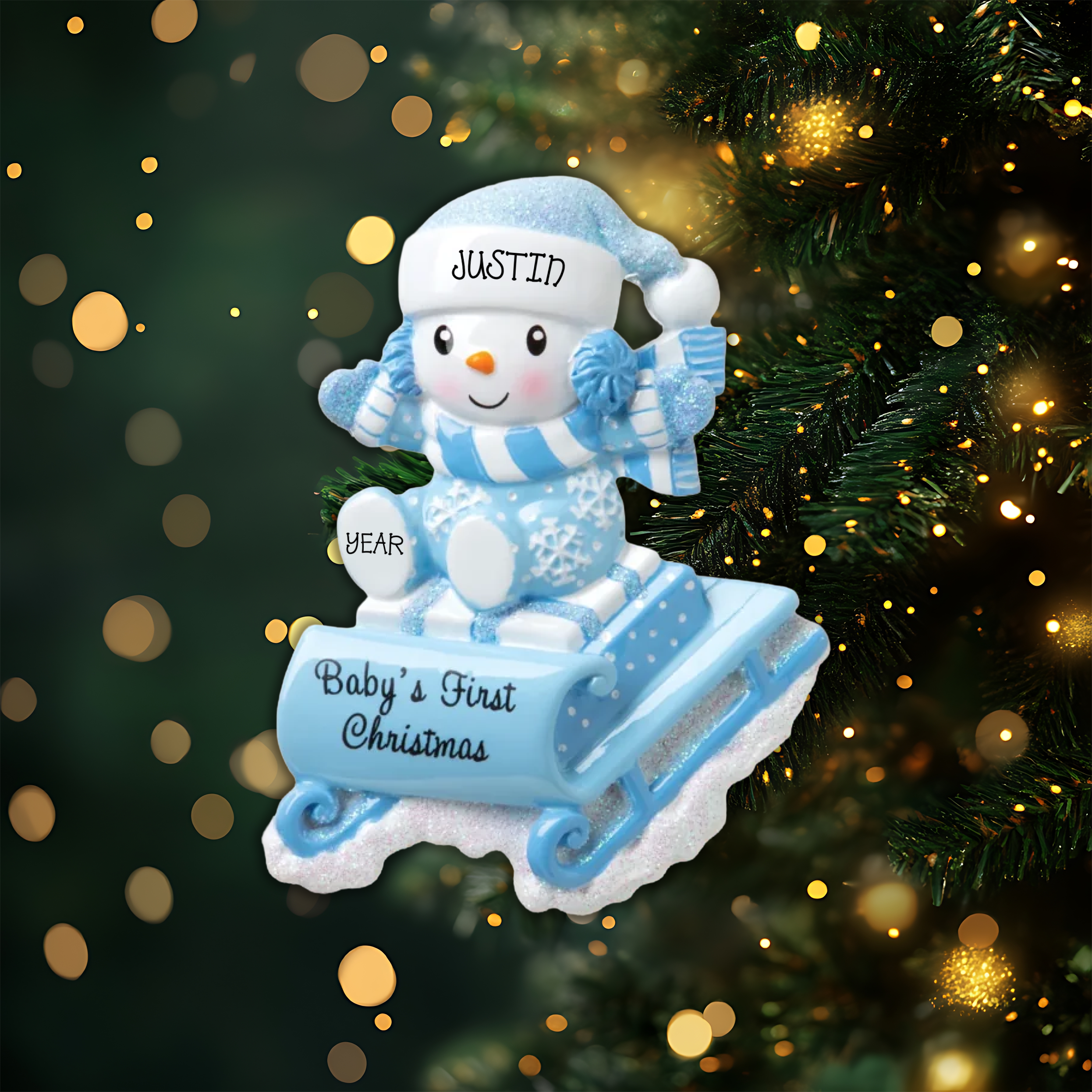 Snowbaby on Sled Blue Personalized Christmas Ornament