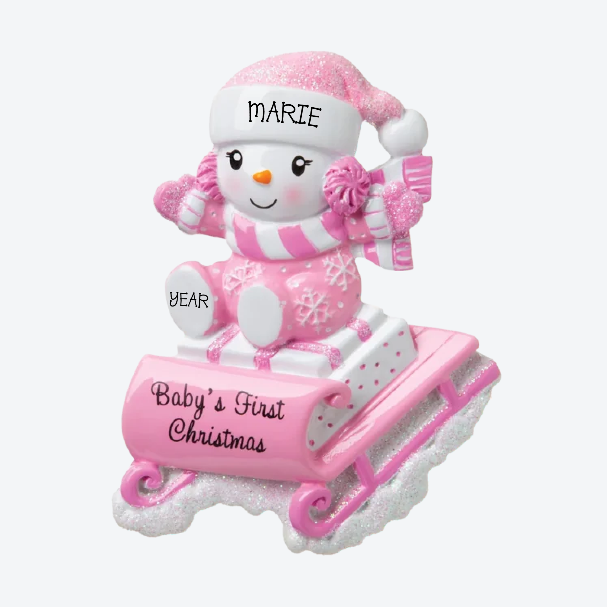 Snowbaby on Sled Pink Personalized Christmas Ornament