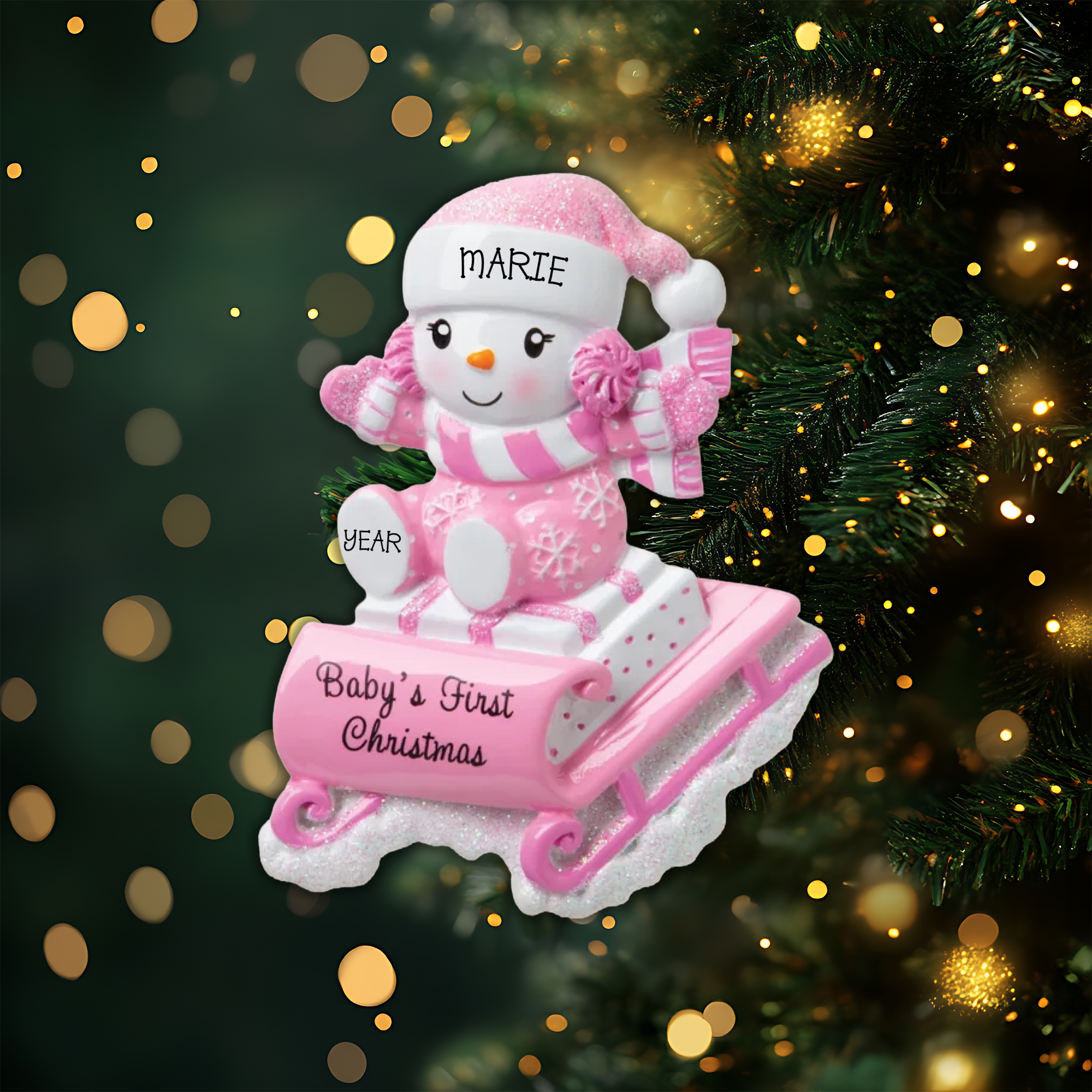 Snowbaby on Sled Pink Personalized Christmas Ornament