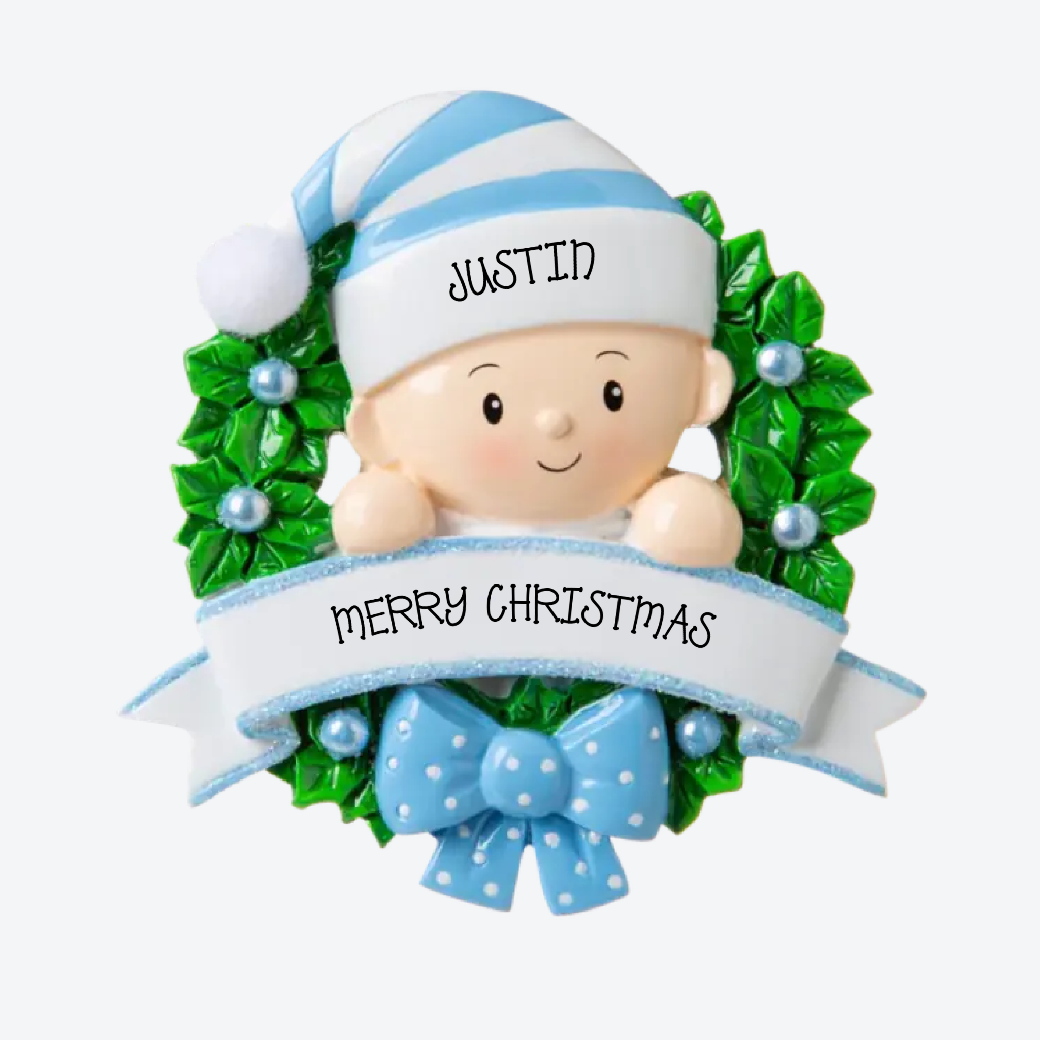Baby in a Wreath Light Blue Personalized Christmas Ornament