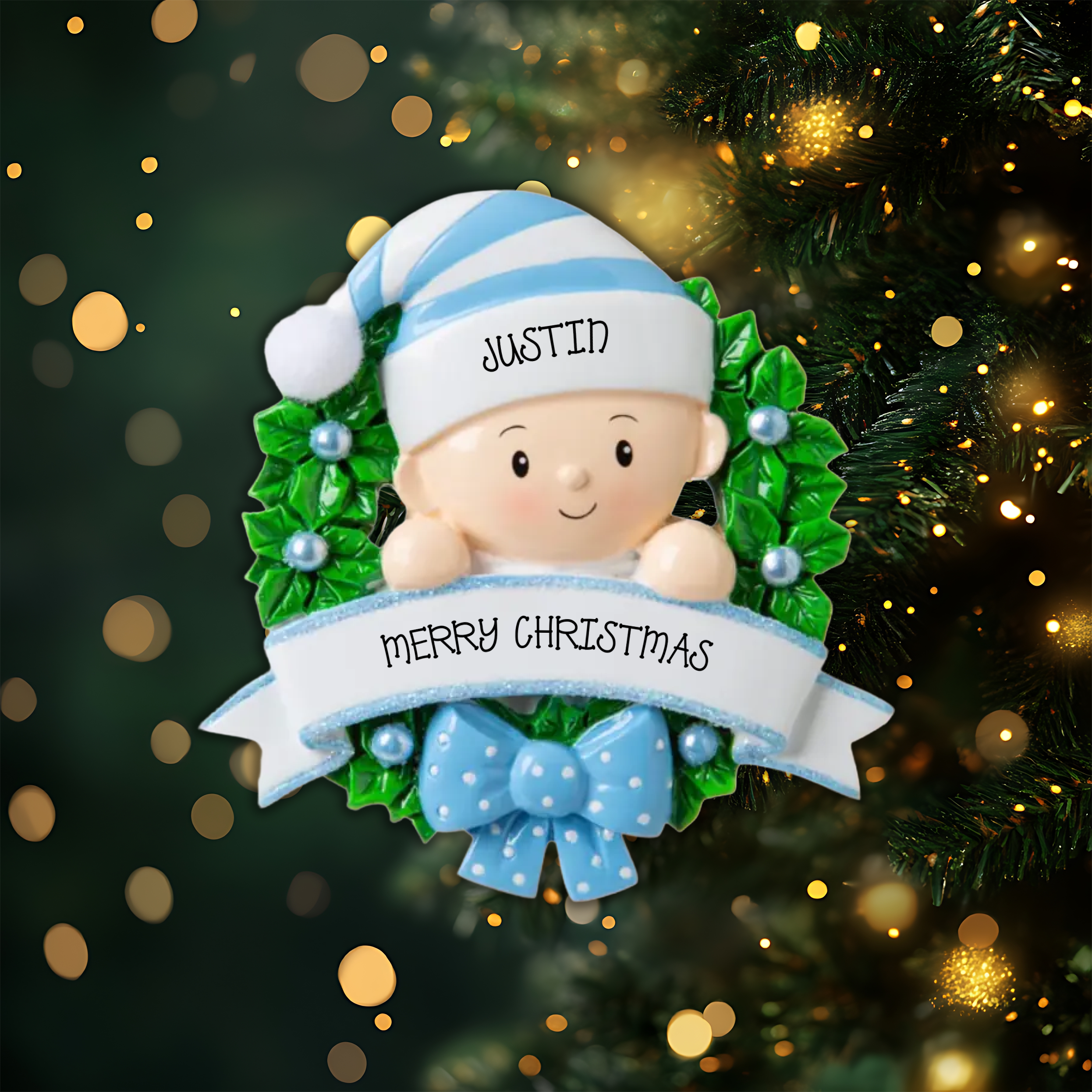 Baby in a Wreath Light Blue Personalized Christmas Ornament