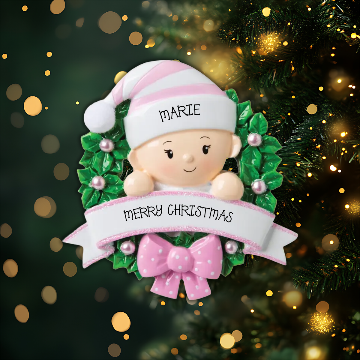 Baby in a Wreath Pink Personalized Christmas Ornament