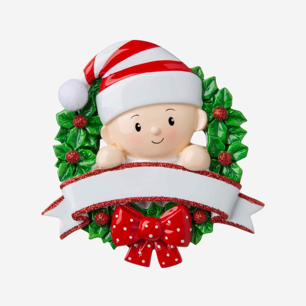 Baby in a Wreath Red & Green Personalized Christmas Ornament