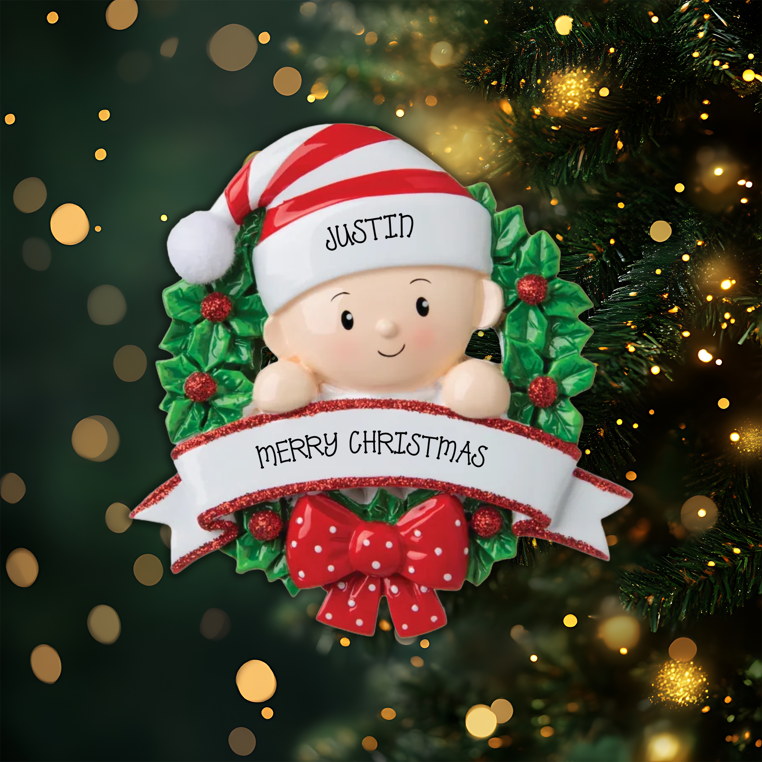 Baby in a Wreath Red & Green Personalized Christmas Ornament