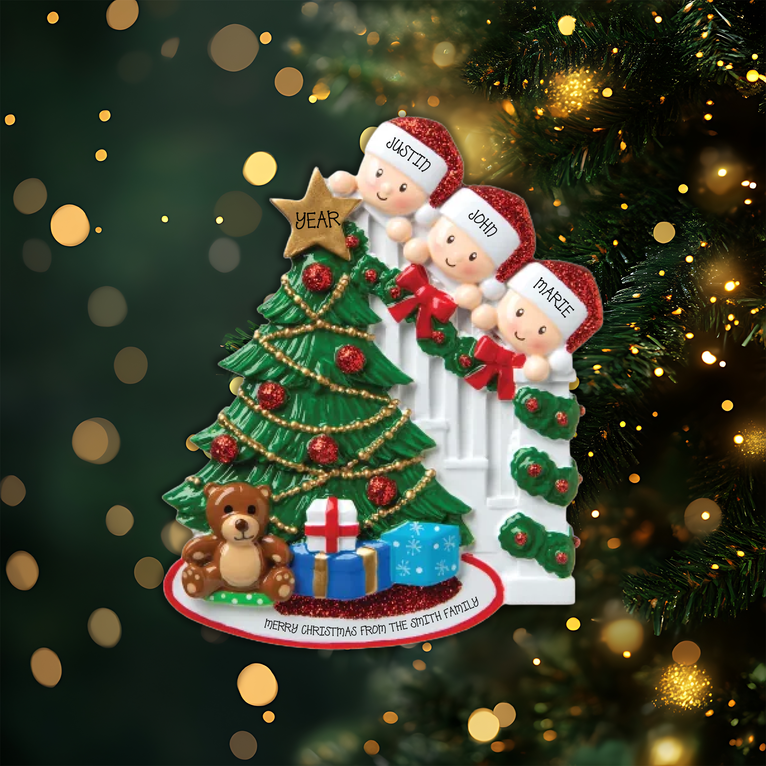 Peeking Family of 3 Personalized Christmas Ornament