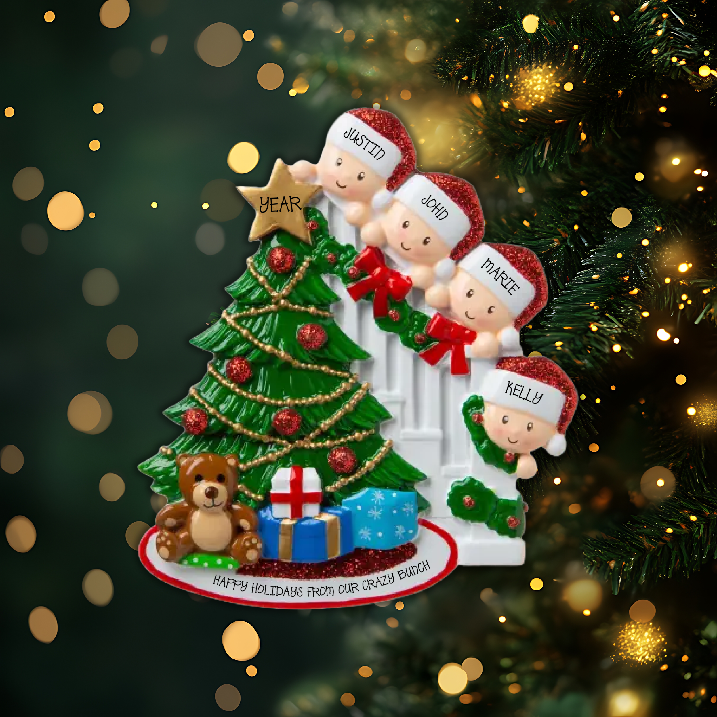 Peeking Family of 4 Personalized Christmas Ornament