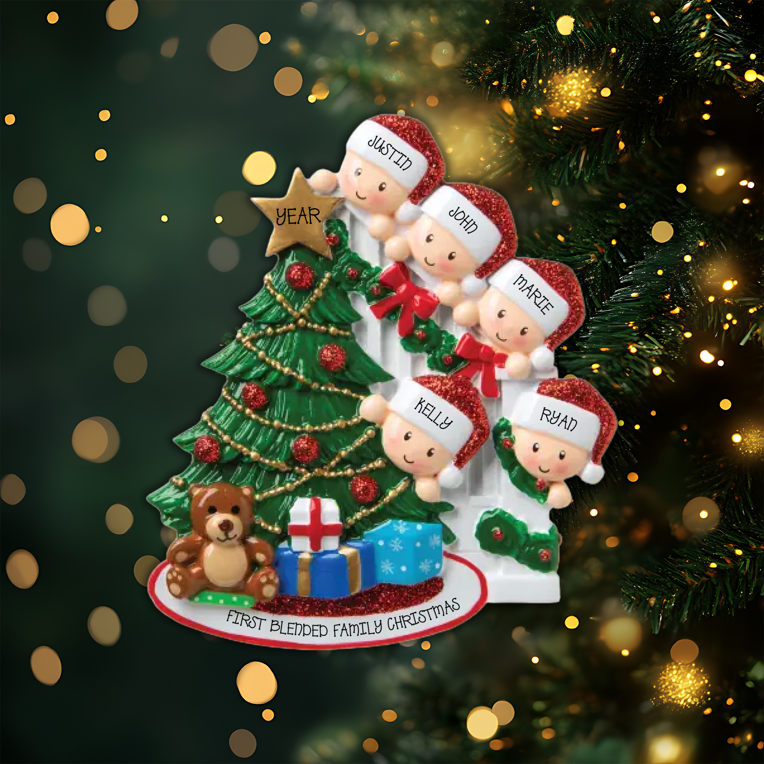 Peeking Family of 5 Personalized Christmas Ornament
