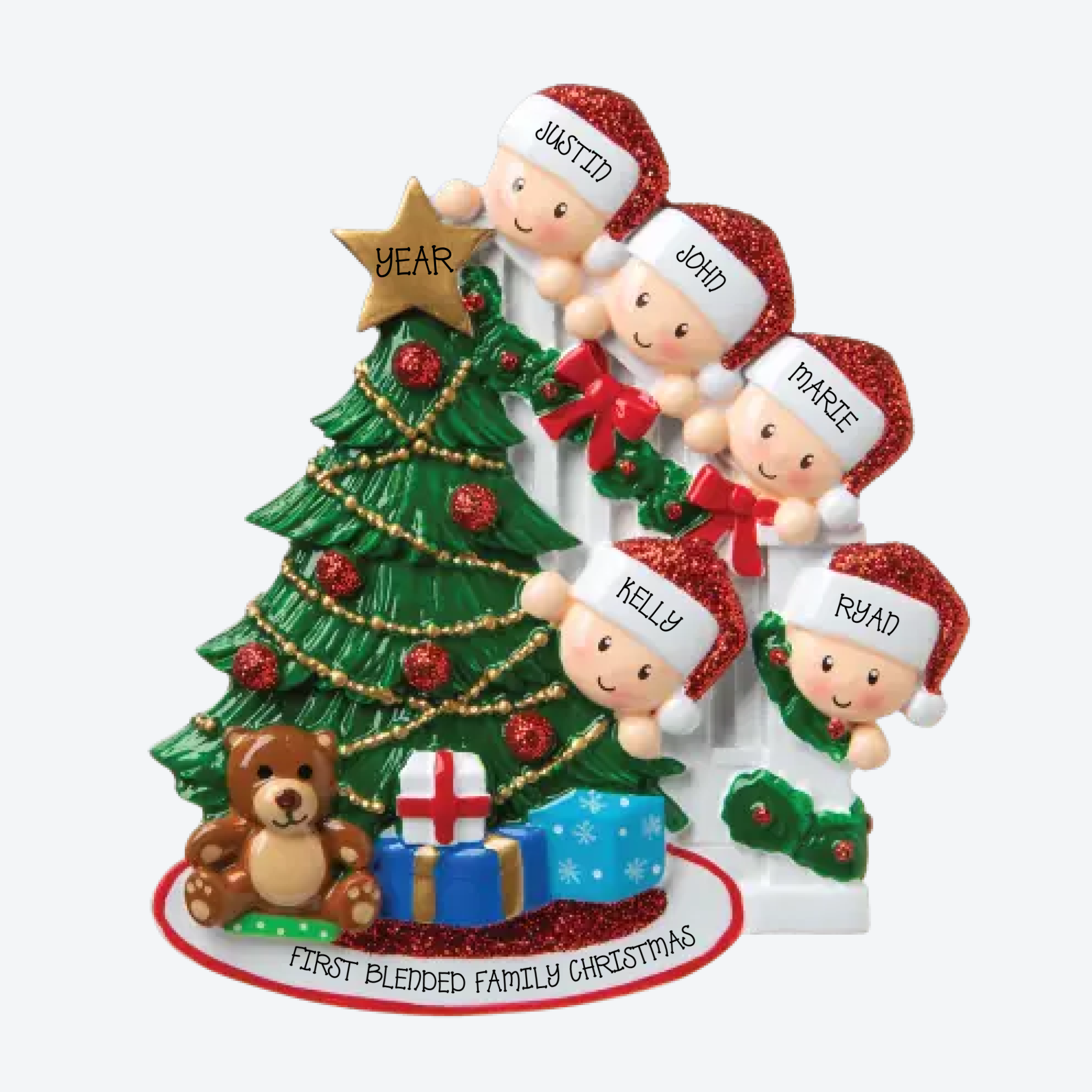 Peeking Family of 5 Personalized Christmas Ornament
