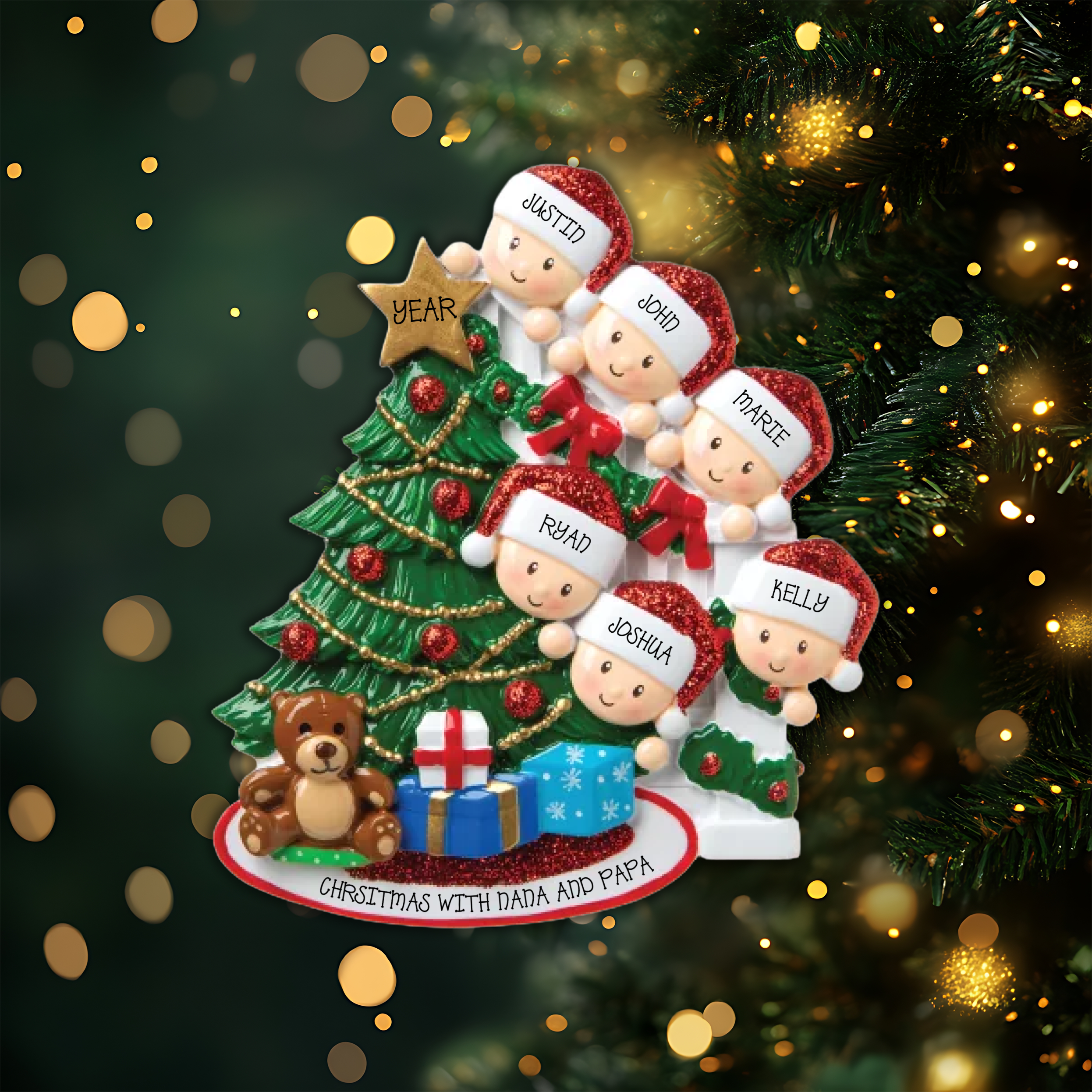 Peeking Family of 6 Personalized Christmas Ornament