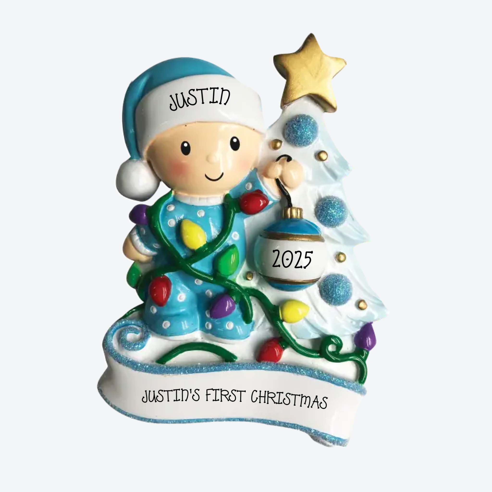 Baby Decorating a Tree Light Blue Personalized Christmas Ornament