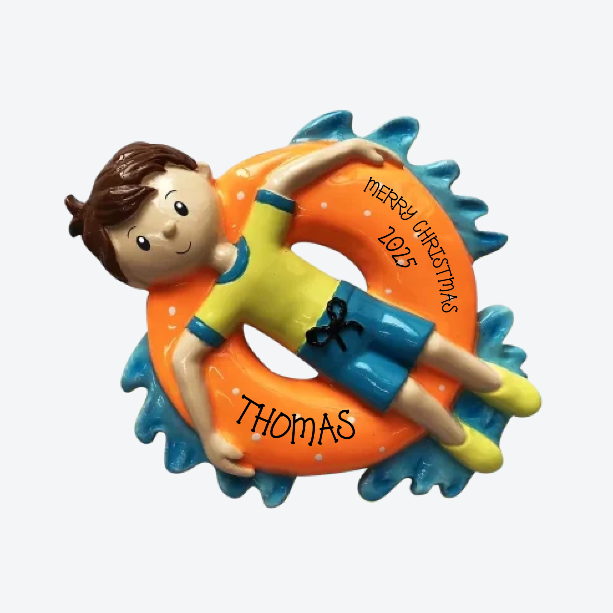 Boy on Inner Tube Personalized Christmas Ornament