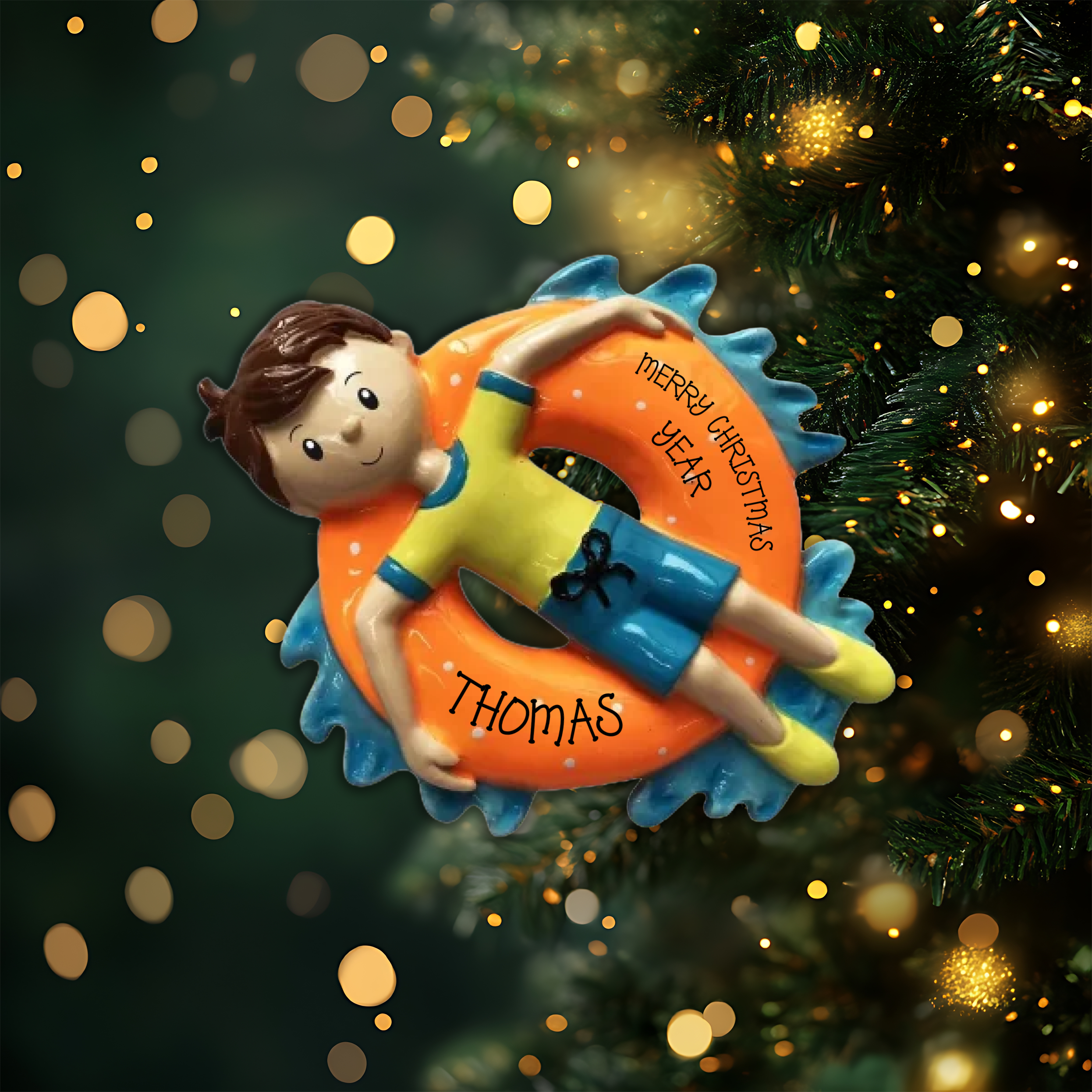 Boy on Inner Tube Personalized Christmas Ornament
