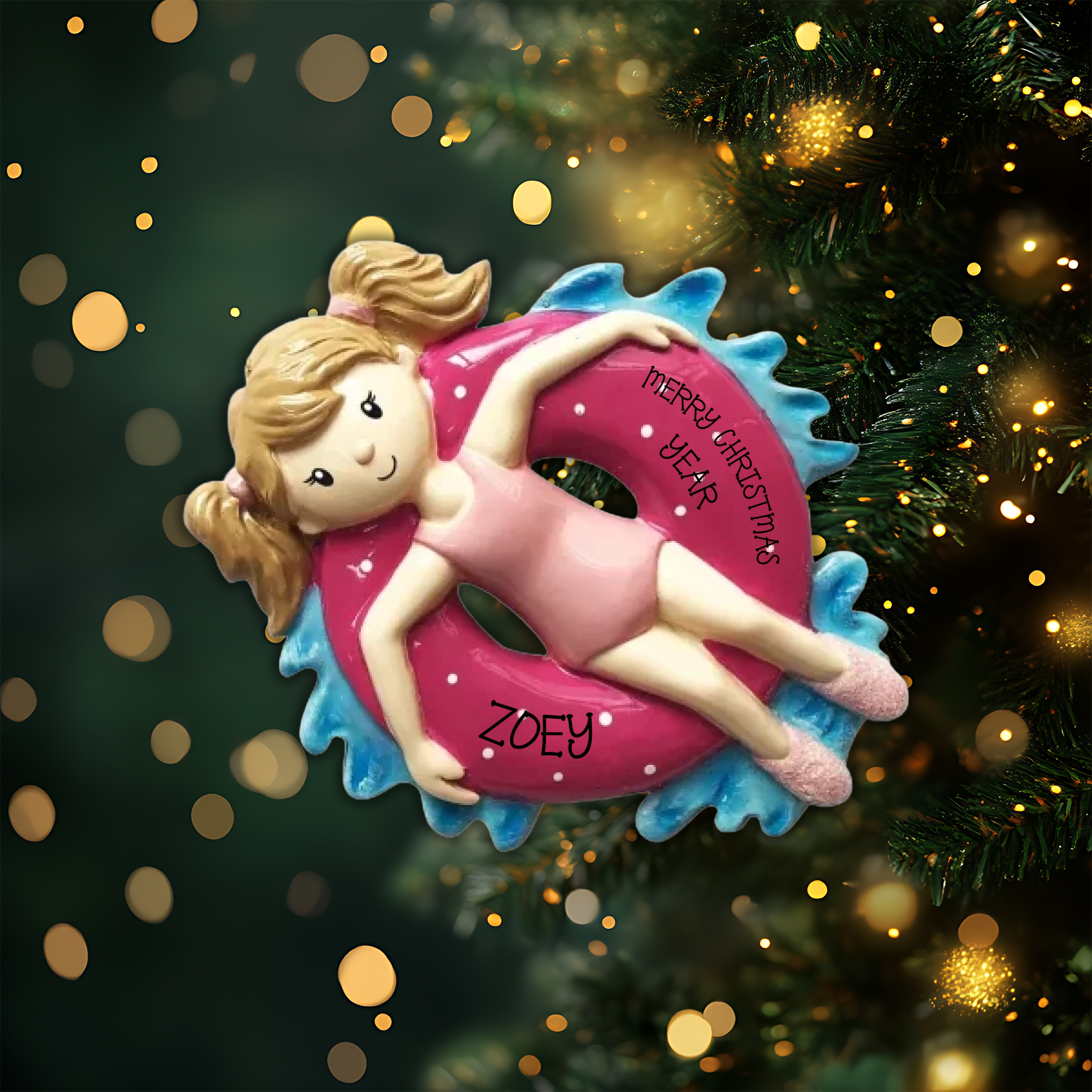Girl on Inner Tube Personalized Christmas Ornament