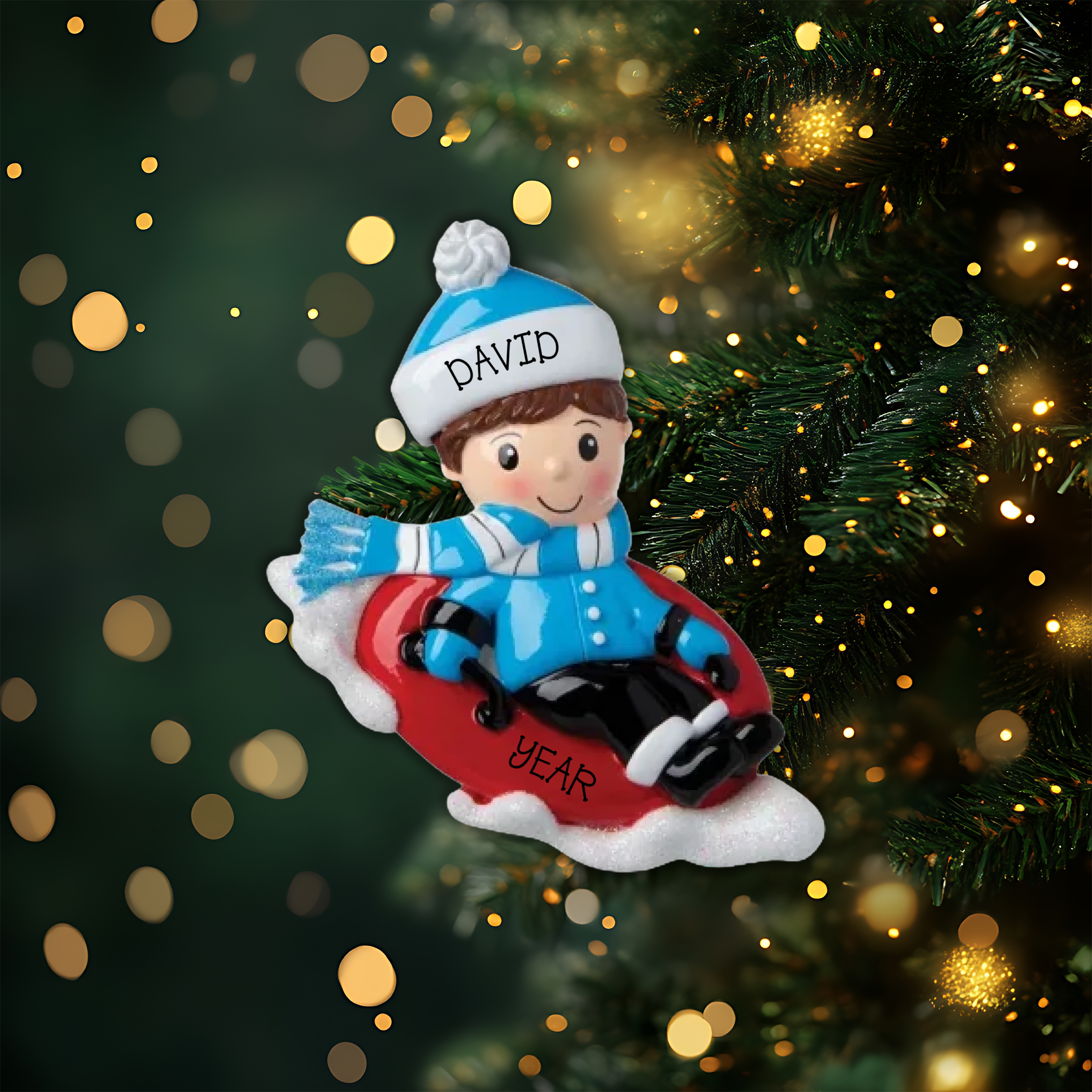 Boy Snow Tubing Personalized Christmas Ornament