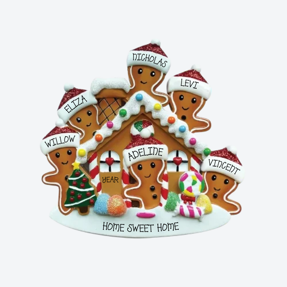 Gingerbread House Family Of 6 Personalized Christmas Ornament