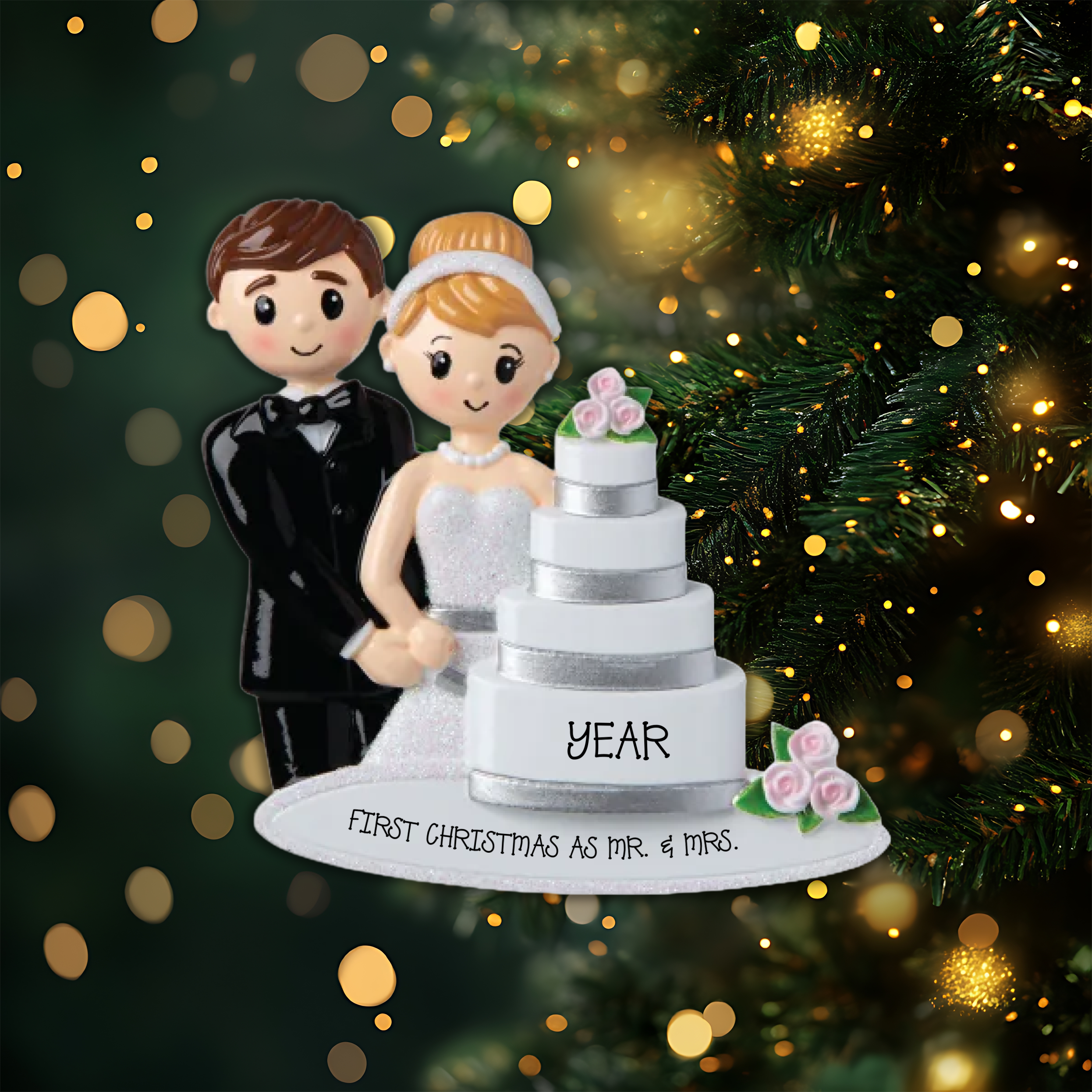 Wedding Couple with Cake Personalized Christmas Ornament