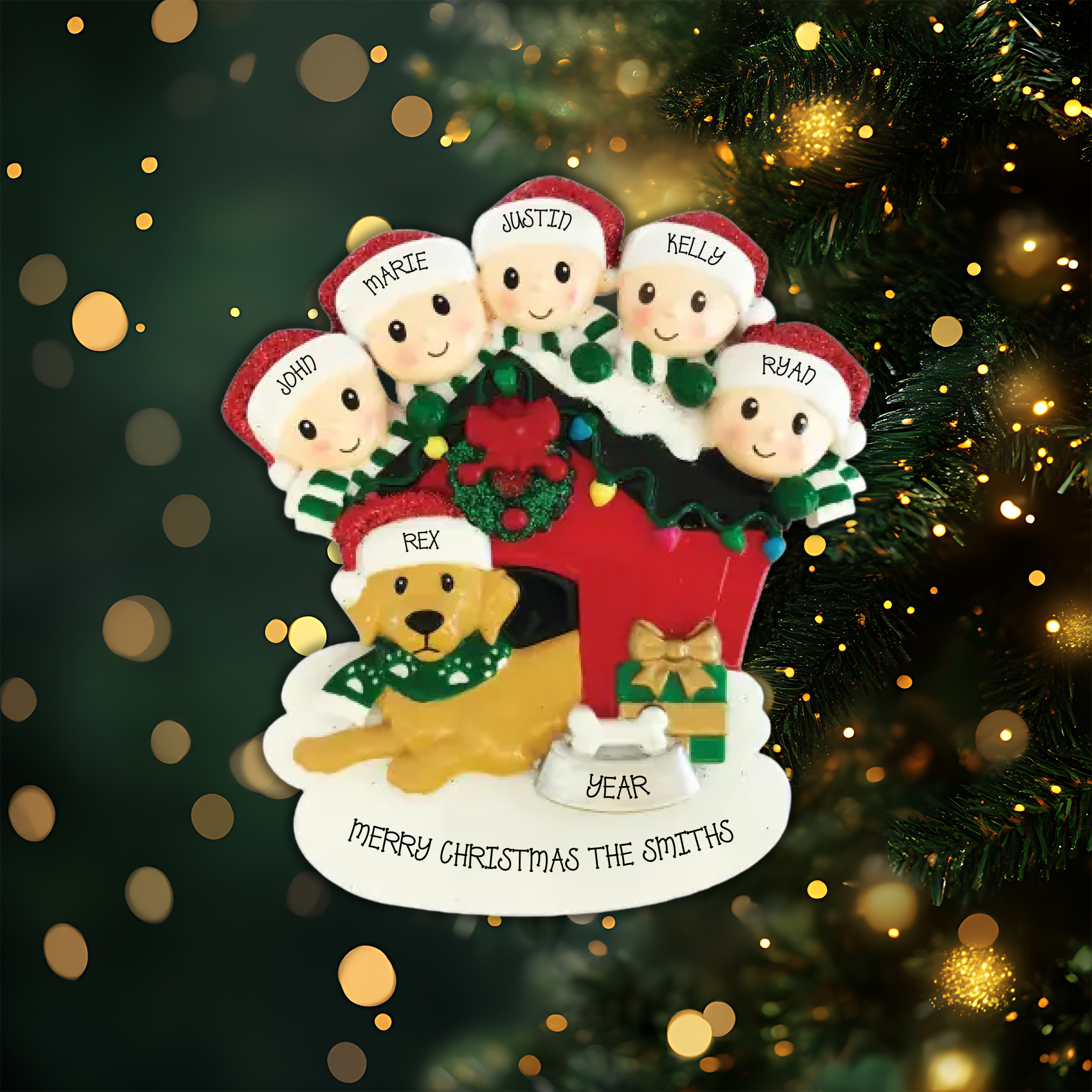 Family of 5 with Dog Personalized Christmas Ornament