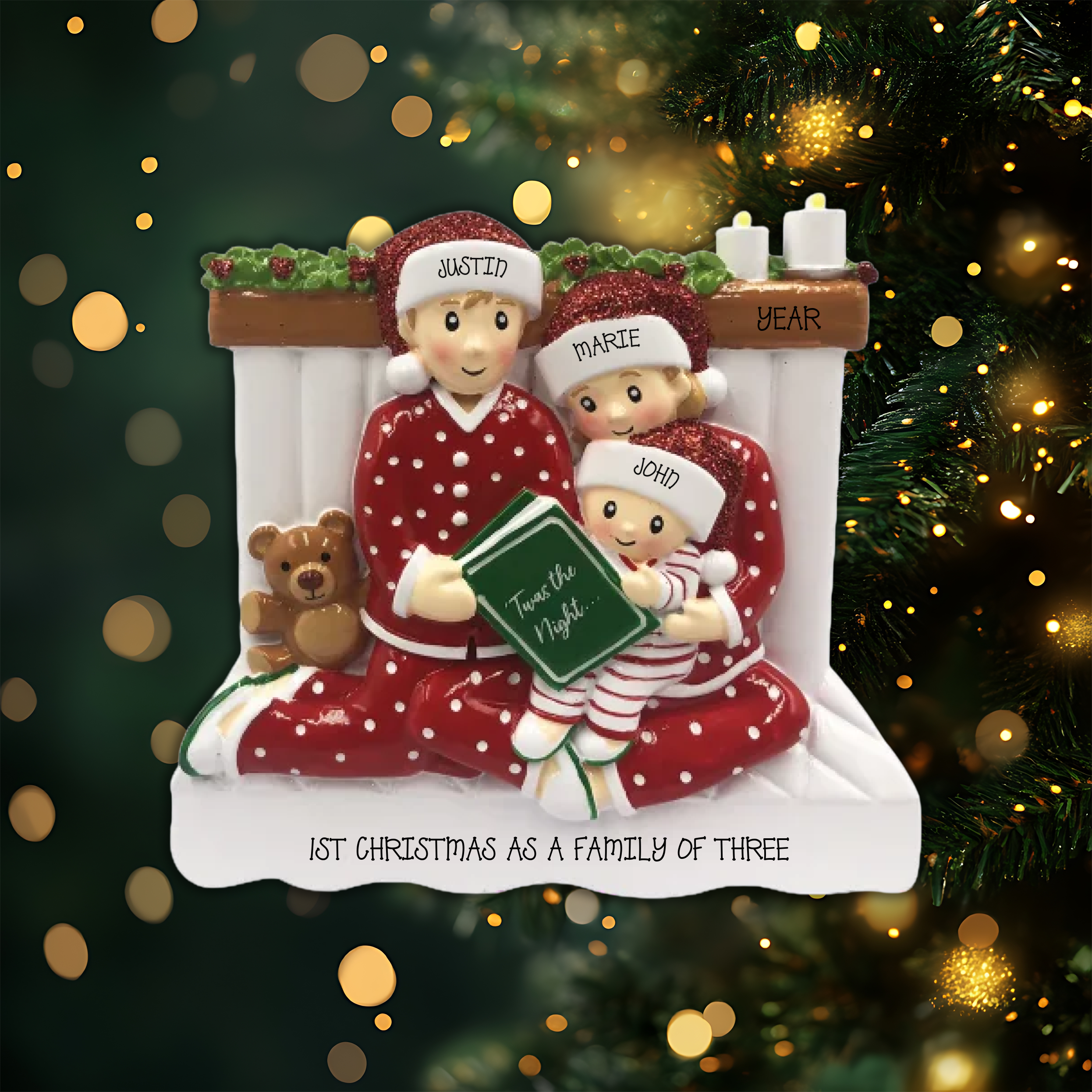 Reading In Bed Family of 3 Personalized Christmas Ornament