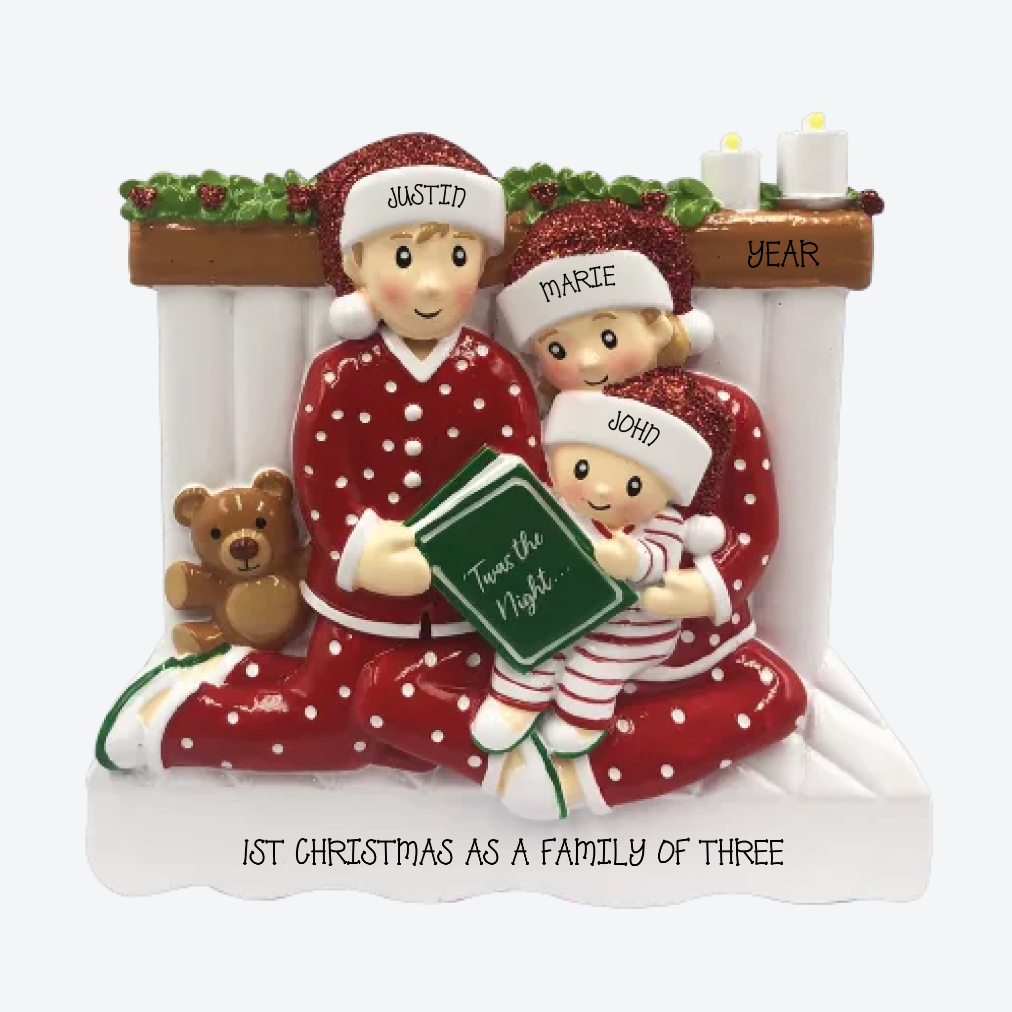 Reading In Bed Family of 3 Personalized Christmas Ornament