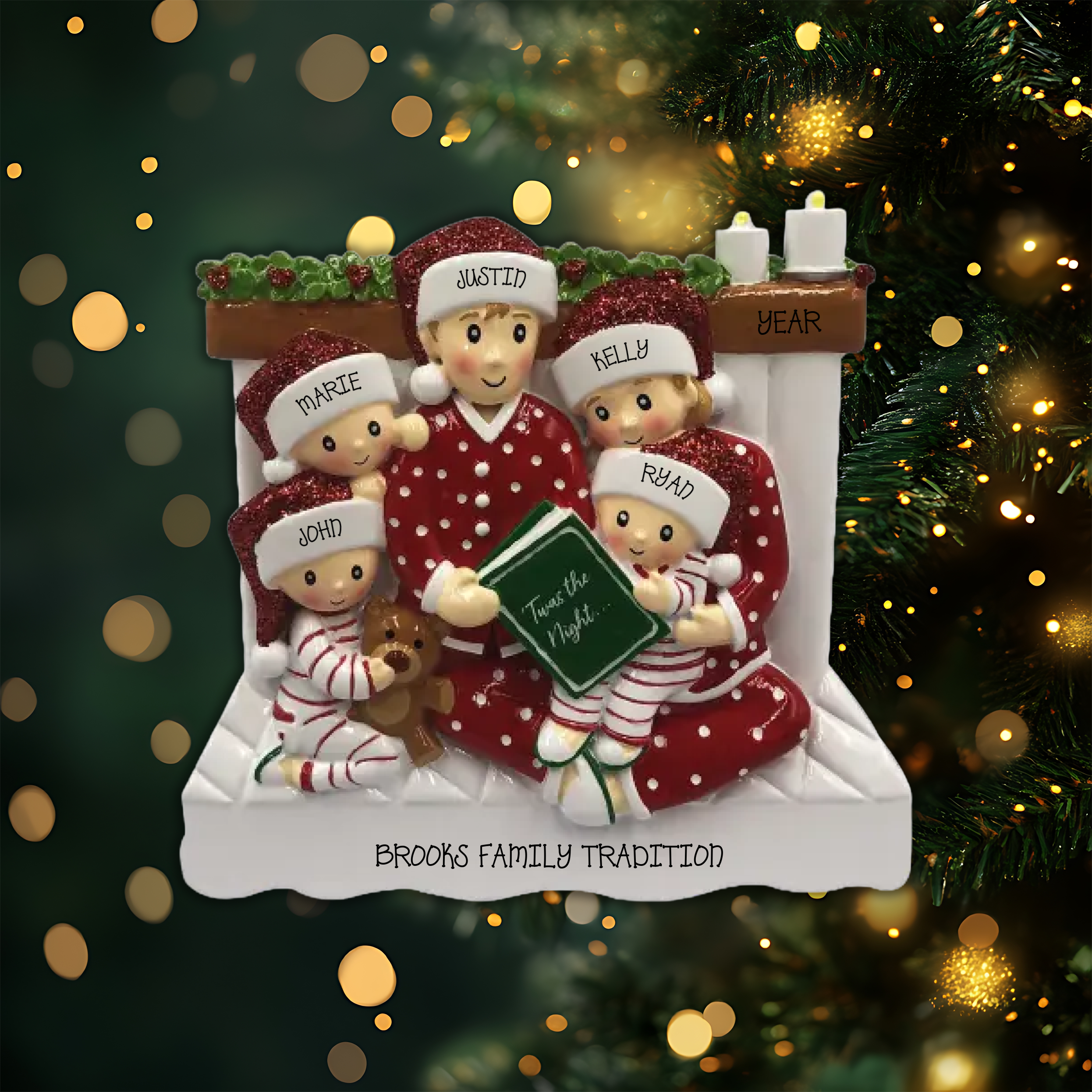 Reading In Bed Family of 5 Personalized Christmas Ornament