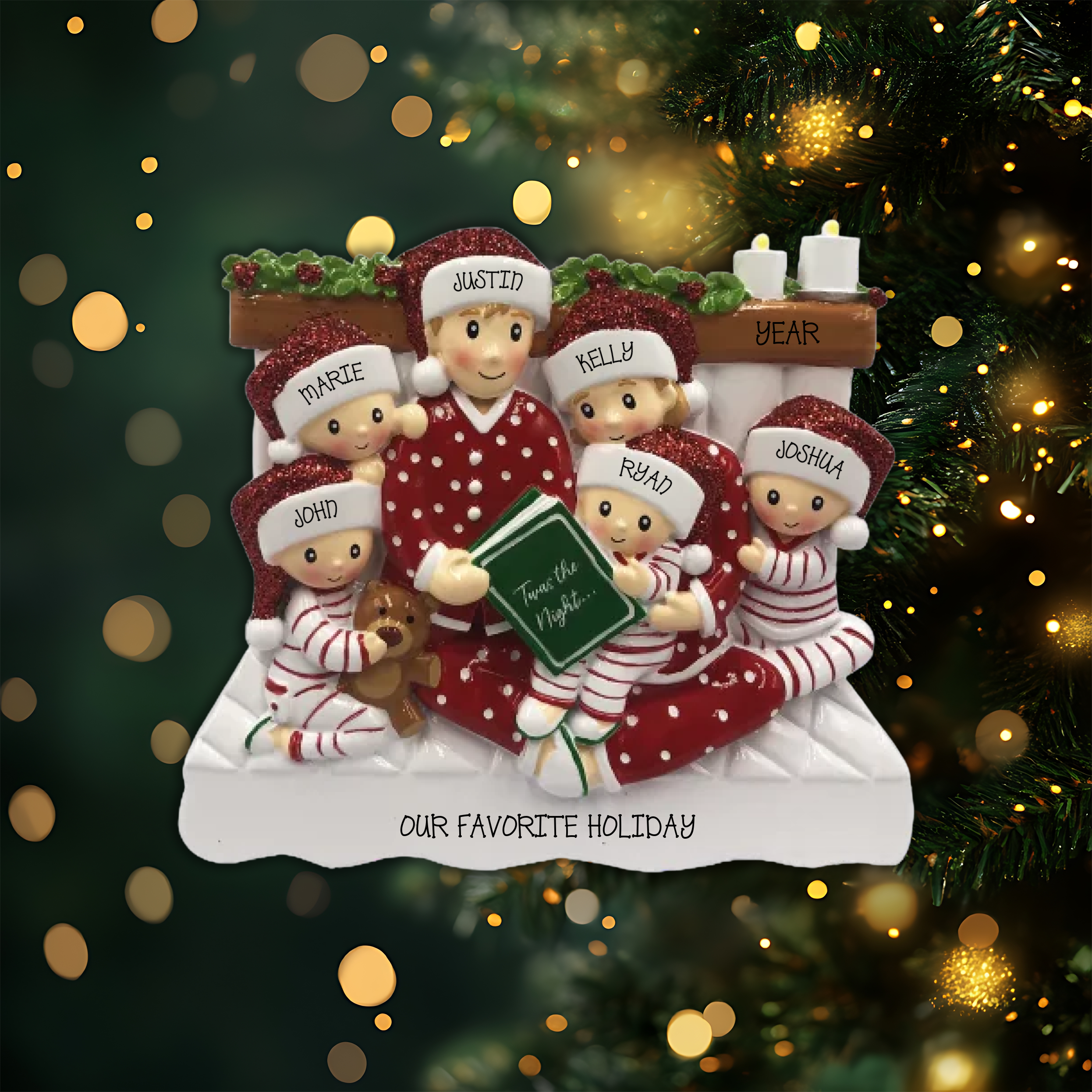 Reading In Bed Family of 6 Personalized Christmas Ornament