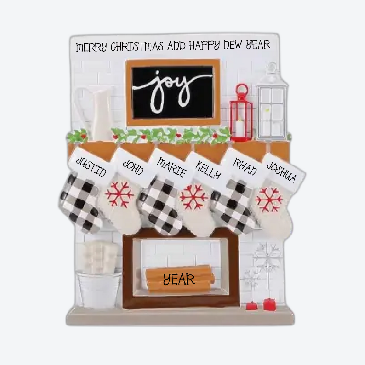 Fireplace Mantle Family of 6 Personalized Christmas Ornament