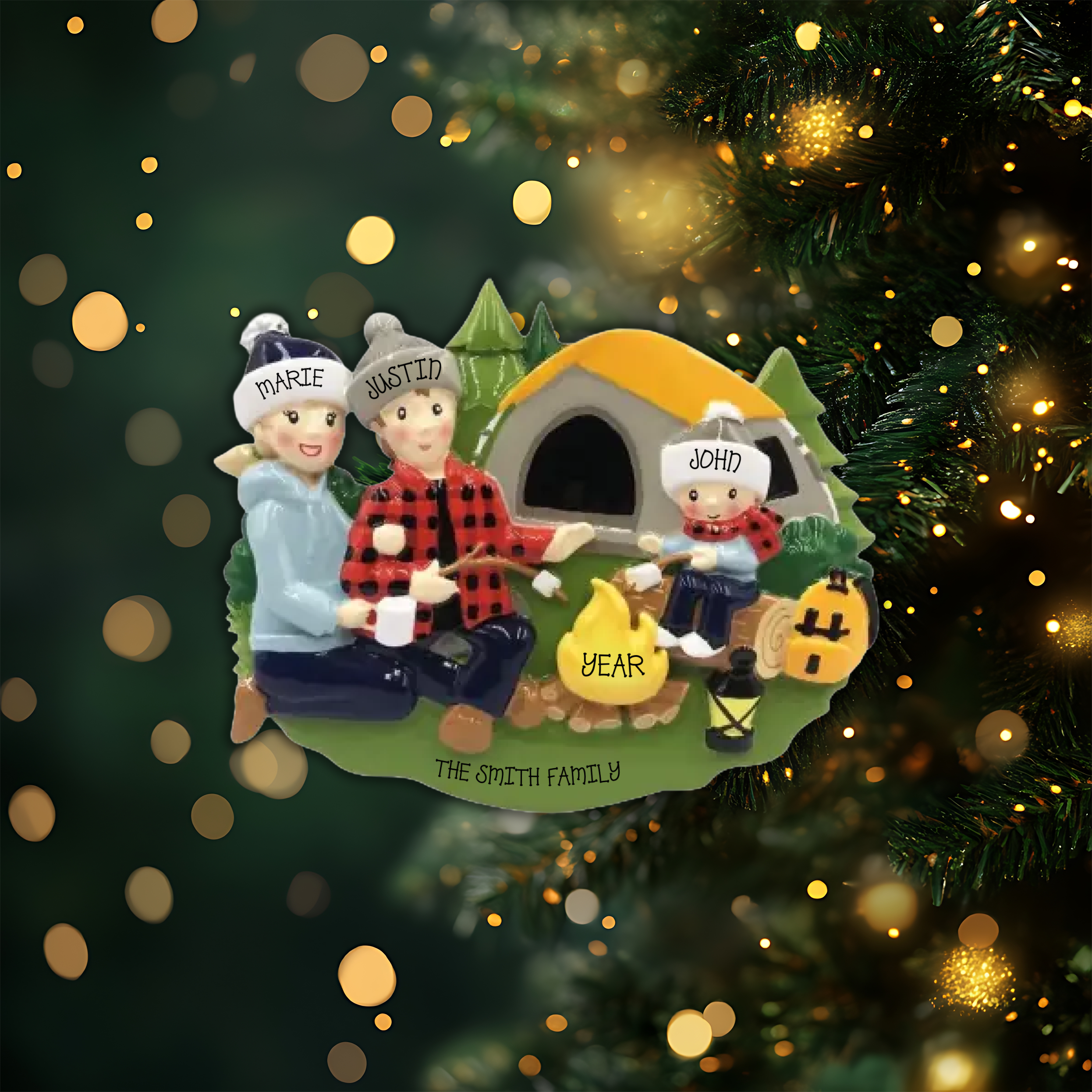 Camp Fire Family of 3 Personalized Christmas Ornament