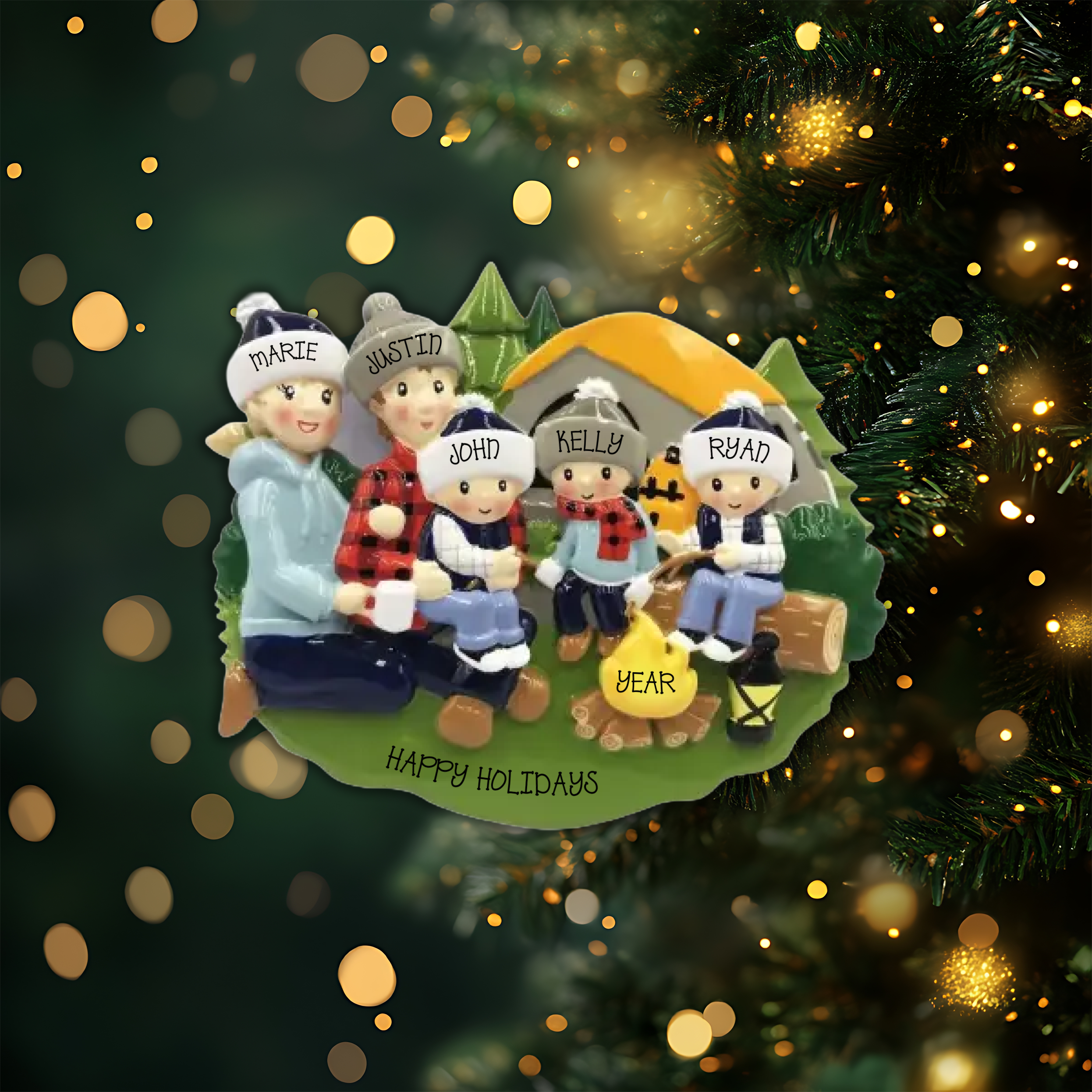 Camp Fire Family of 5 Personalized Christmas Ornament